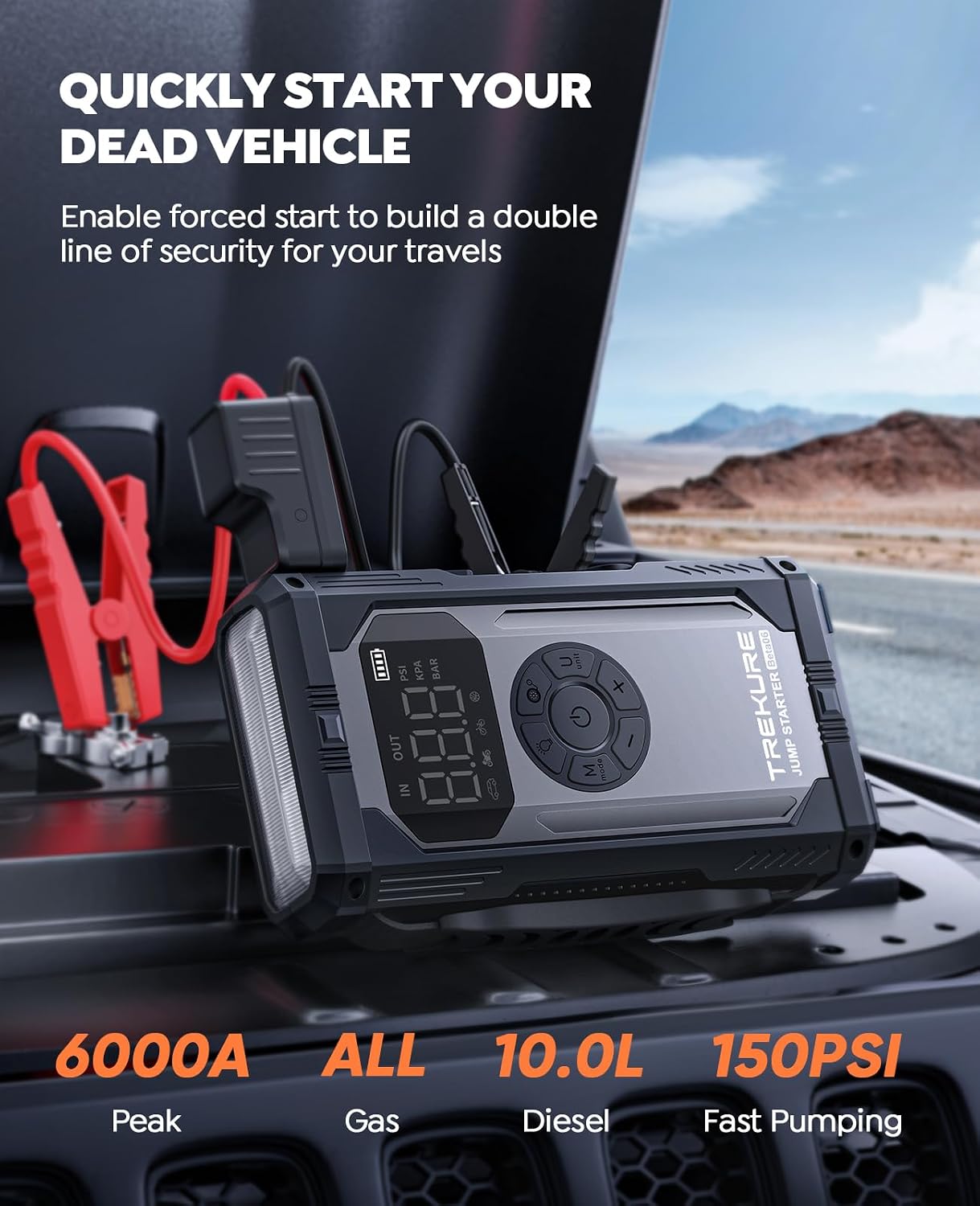TREKURE 8-in-1 Jump Starter with Air Compressor 6000A 150PSI Portable Car Battery Jump Starter (All Gas/10L Diesel)