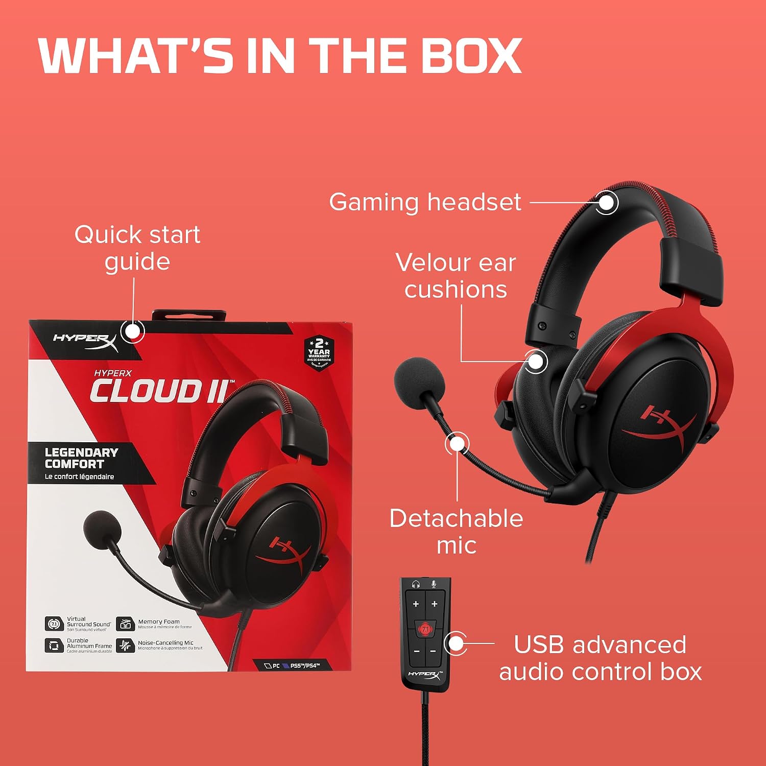 HyperX Cloud II Gaming Headset - 7.1 Surround Sound - Memory Foam Ear Pads - Durable Aluminum Frame - Multi Platform Headset - Works with PC, PS4, PS4 PRO, Xbox One, Xbox One S - Red (KHX-HSCP-RD) | 7.1 Surround Sound, Memory Foam Ear Pads, Durable Alumi…