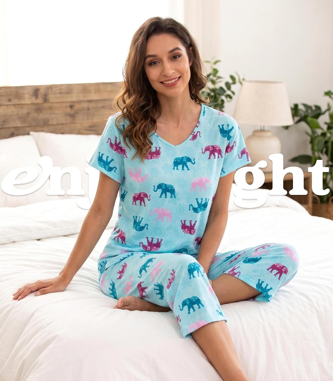 ENJOYNIGHT Womens Pajama Set Cotton Short Sleeve Top With Capri Pants Pj