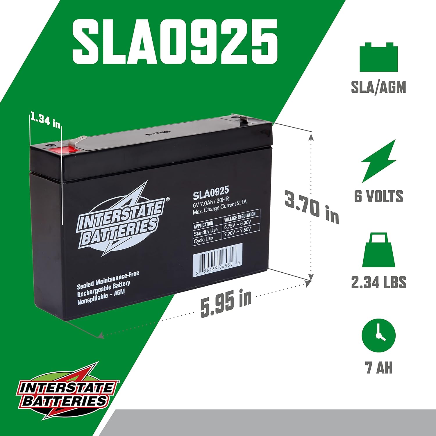 Interstate Batteries SLA Battery 6V 7Ah AGM VRLA (F1 Terminal) SLA0925