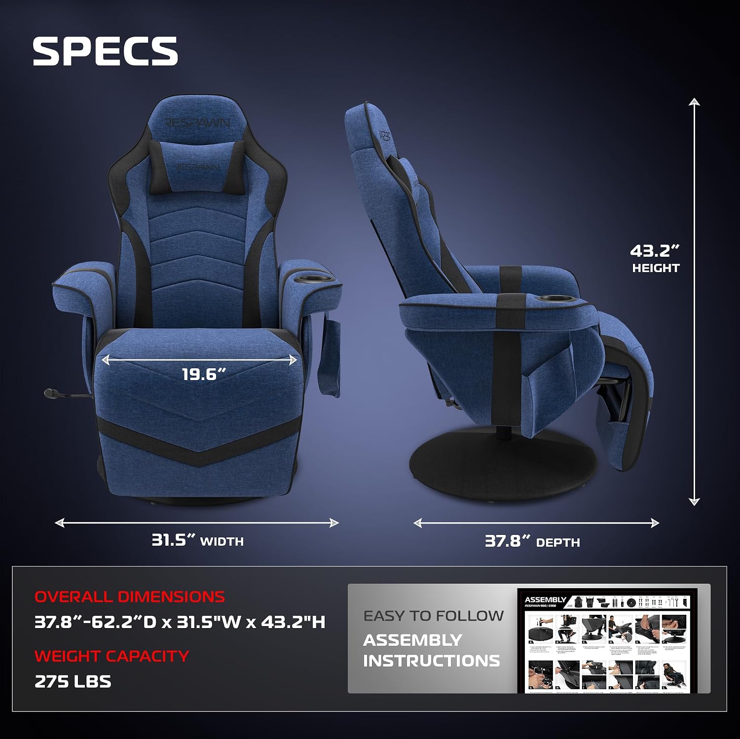 Respawn 900 Gaming Recliner Chair with Footrest, Cup Holder and Swivel
