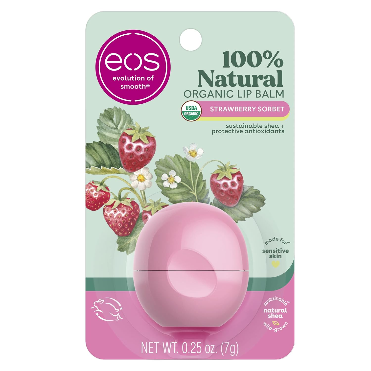 eos 100% Natural & Organic Lip Balm - Strawberry Sorbet, All-Day Moisture, Dermatologist Recommended for Sensitive Skin Care, Lip Care Products, 0.25 oz