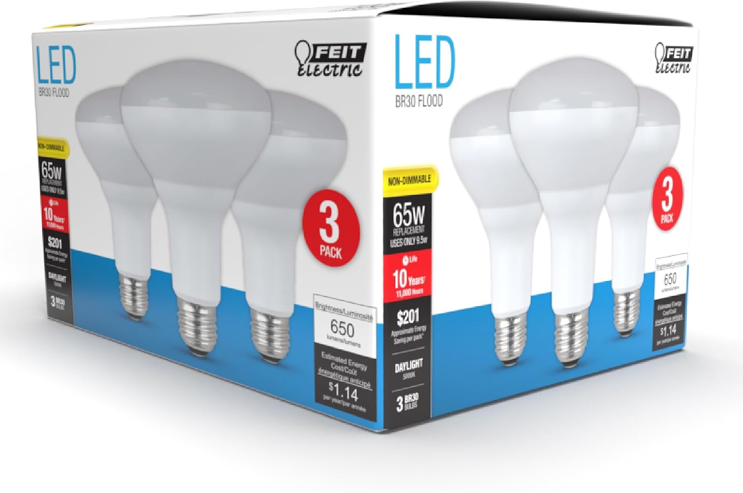 Feit Electric BR30 LED Light Bulbs, 65W Eq, Soft White, 3 Pack
