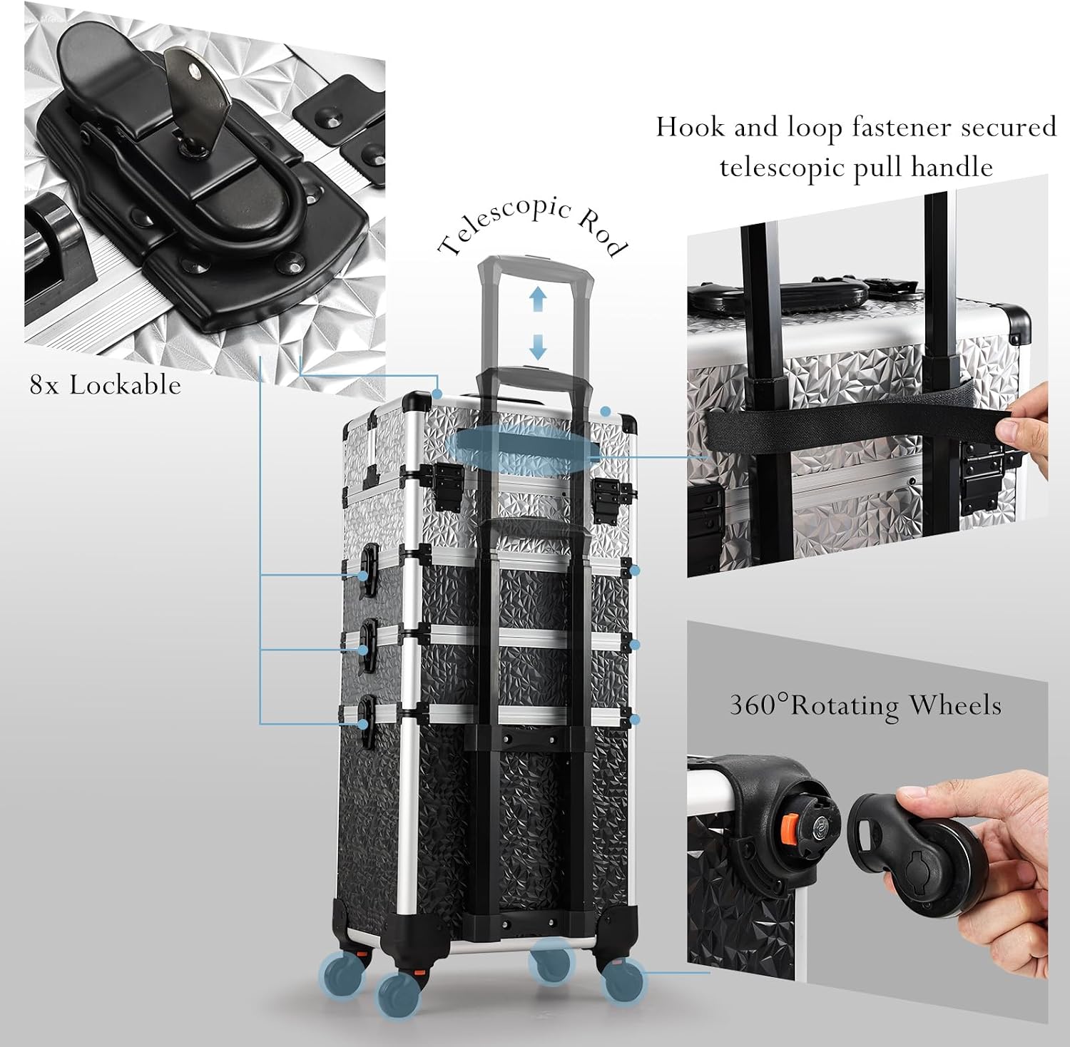Stagiant Rolling Makeup Case Cosmetology Case on Wheels 4 in 1 Large Cosmetic Organizer Train Case Makeup Travel Case with Key Swivel Wheels Nail