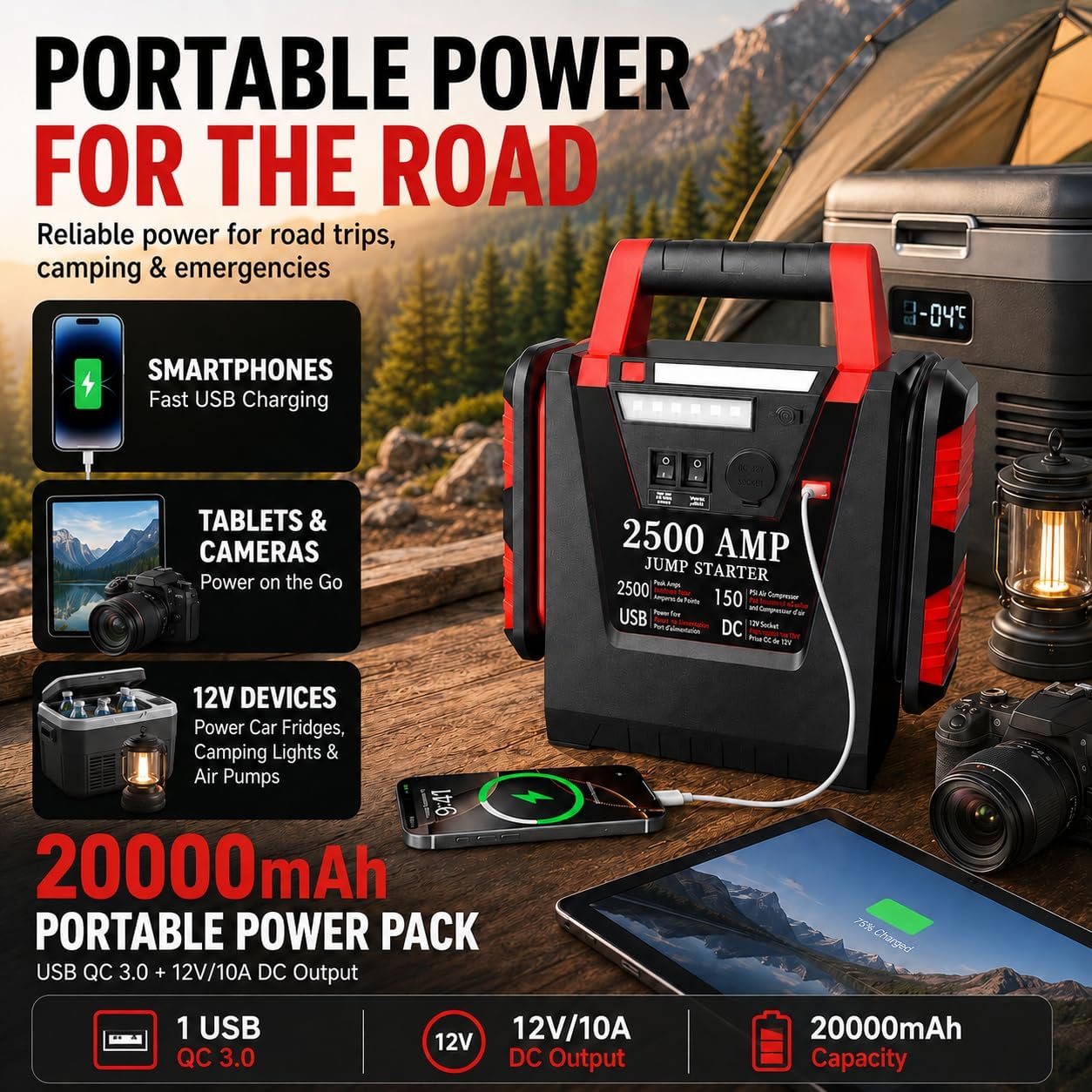 2500A Peak Car Jump Starter with 150PSI Air Compressor, 12V Battery Jump Box for Car, Truck, SUV (Up to 8.0L Gas/Diesel Engines)