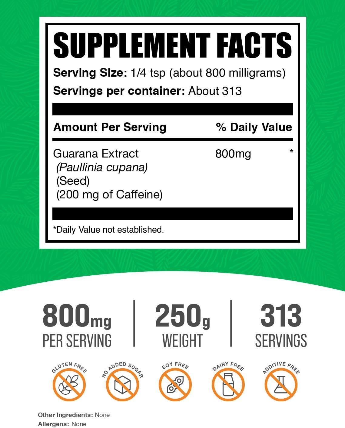BulkSupplements.com Guarana Extract Powder - Natural Caffeine Supplement, from Guarana Seed, Guarana Powder - Gluten Free, 800mg per Serving, 100g (3.5 oz) (Pack of 1)