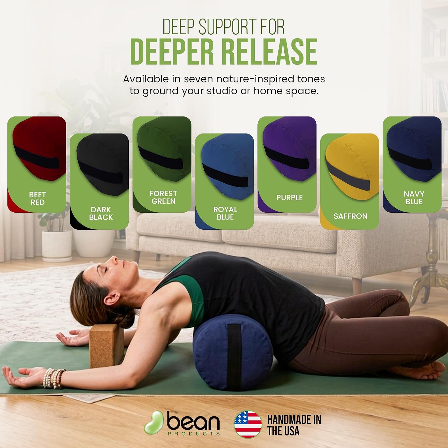 Bean Products Cotton Batting Yoga Bolster - Studio Grade Round or Rectangular Restorative Yoga Pillow for Pilates and Yin Practice - Soft Yet Firm Support with Cotton Cover - Made in The USA
