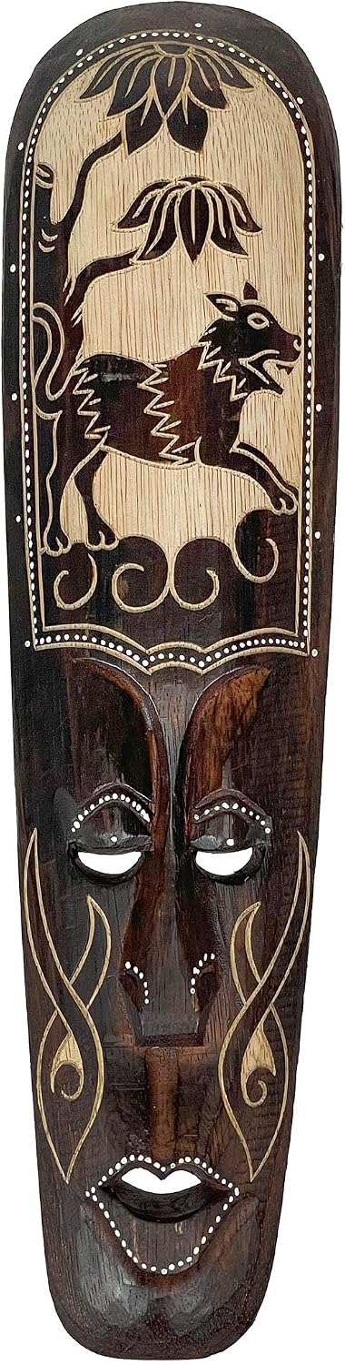 Zeckos Set of 5 African Animal Wall Masks, Hand-Carved Wood, 20 Inch | Painted Black Backdrop with Natural Grain