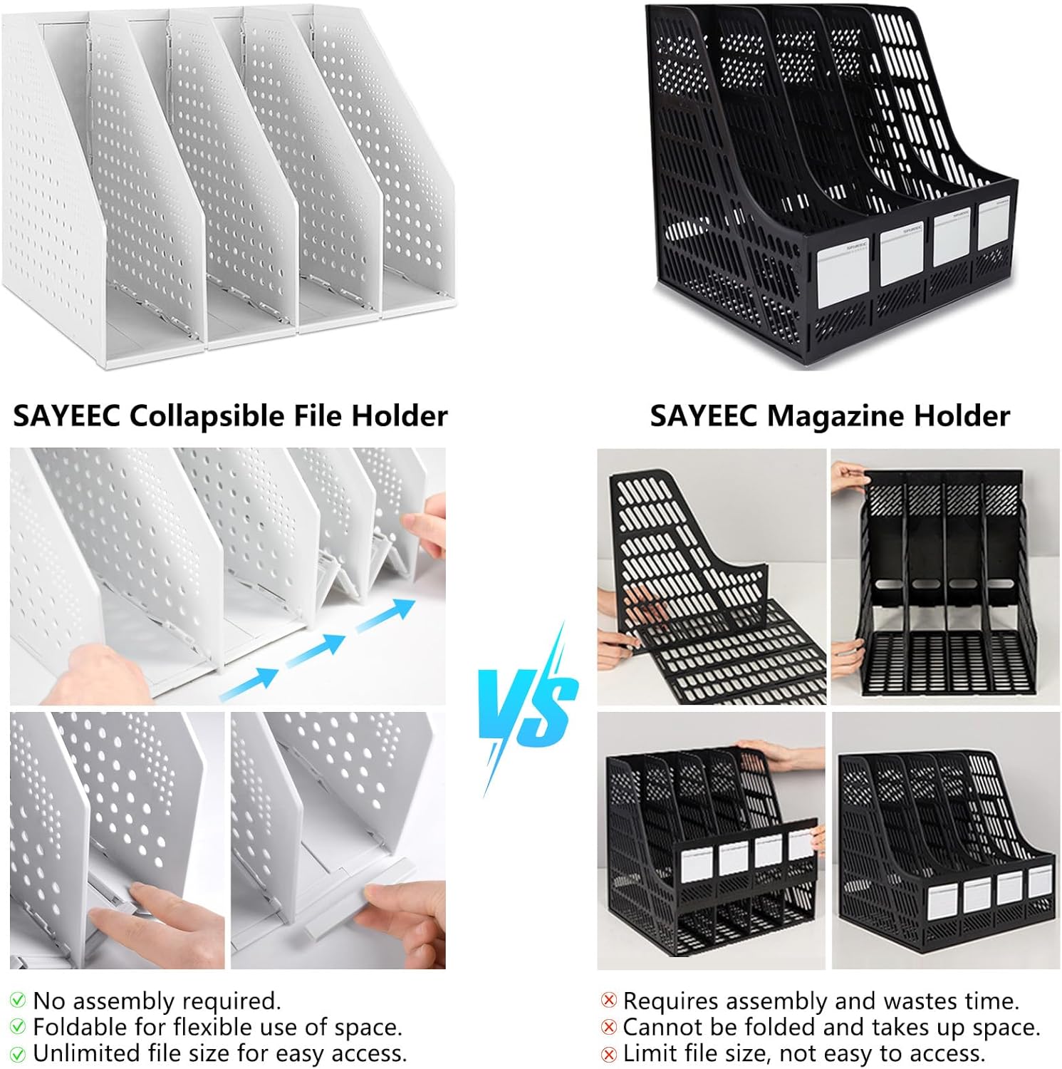 SAYEEC Collapsible Magazine Holder Plastic Desktop 4 Compartment File Rack Magazine Organizer Vertical File Divider Sorter Storage Document