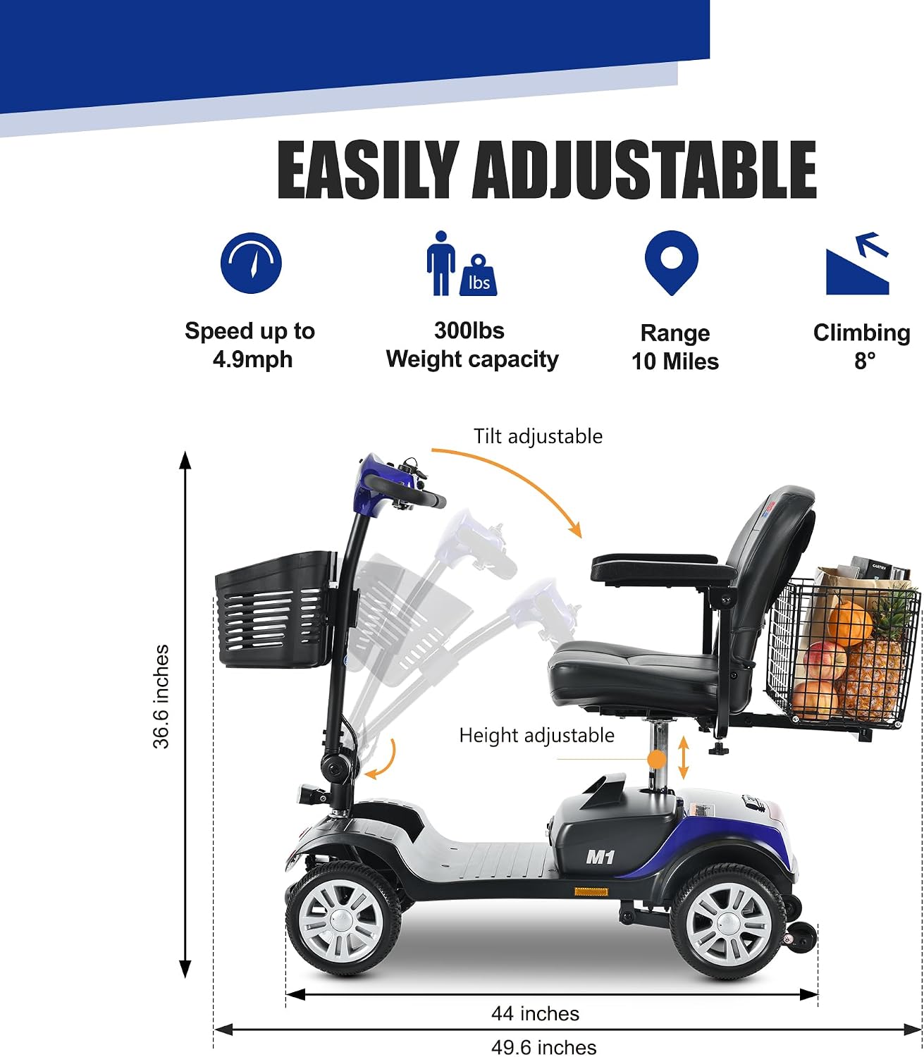 Metro Mobility 4 Wheel Foldable Mobility Scooter for Adults - 300 lbs Capacity Electric Mobility Scooters for Seniors - Long Range Power Extended