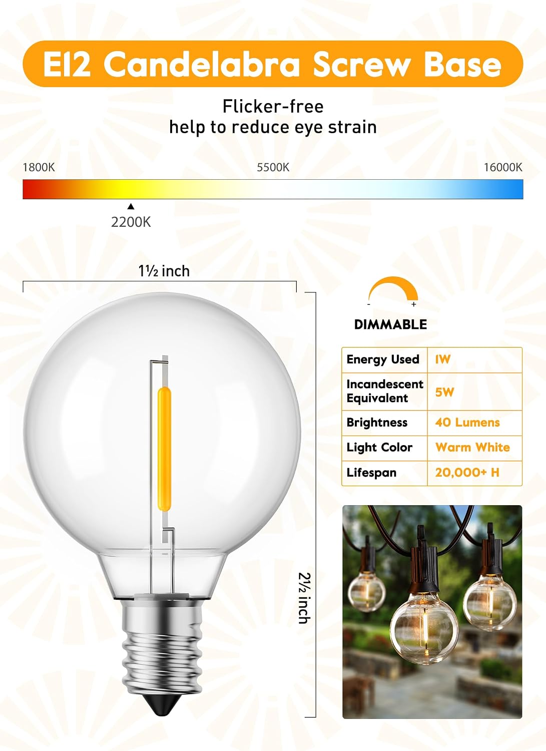 Brightown 25 Pack G40 LED Replacement Bulbs, E12 Base, 2200K, Warm White | Shatterproof Plastic LED Light Bulb, Waterproof, Dimmable, 1.5" Edison Light Bulbs for Indoor Outdoor Patio Backyard Decor