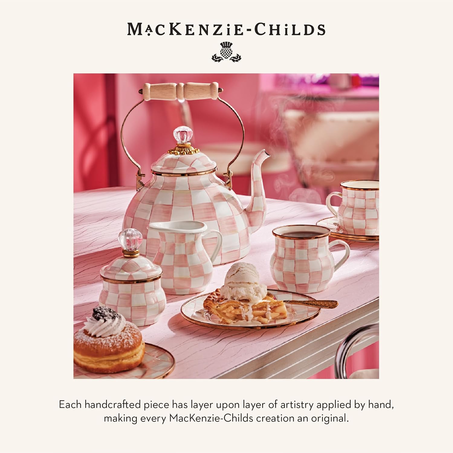 MACKENZIE-CHILDS Enamel Saucer, Black-and-White Courtly Check | Hand-painted design, made from enameled steel, small plate for a coffee cup or teacup, 6" dia.