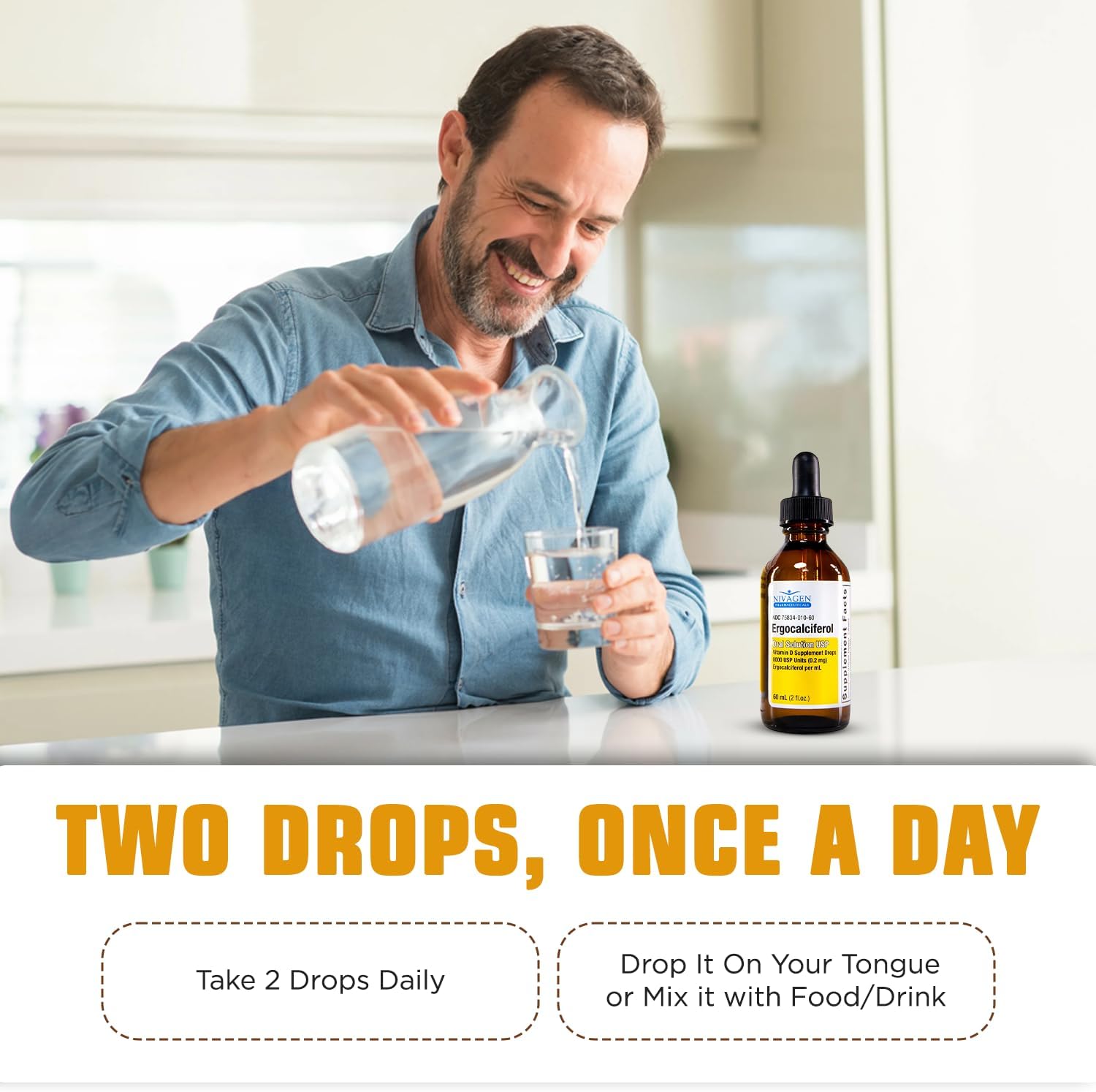 Nivagen Vitamin D2 Liquid Drops 8, 000 USP (Ergocalciferol) | 400 IU per Serving | 2 Drops Once Daily | 1, 200 Servings