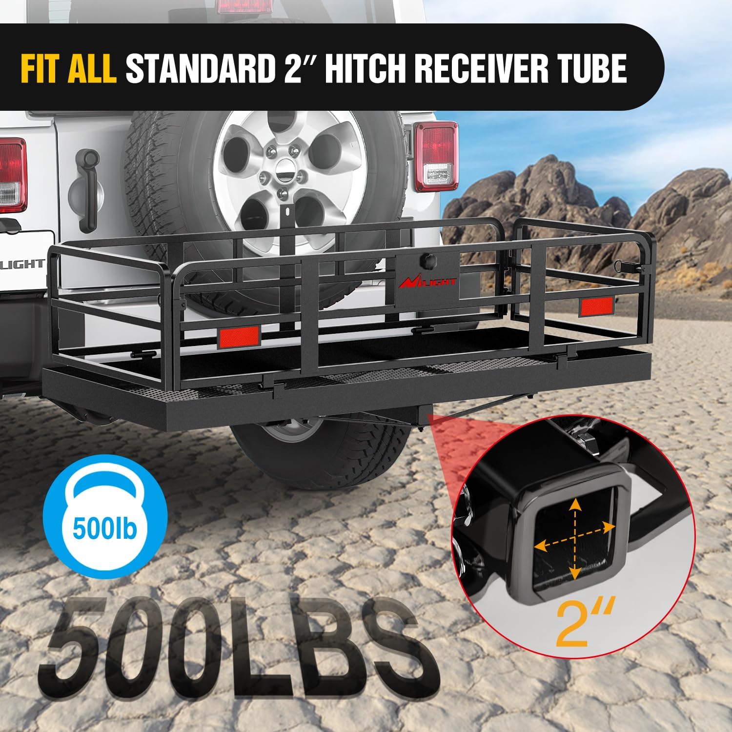 Nilight 32”×26”×4” RV Bumper Mounted Cargo Rack Carrier with Net Fits 4-inch or 4-1/2-inch Bumpers Heavy Duty Luggage Holder Basket for RV Camping Traveling Capacity 350LBS