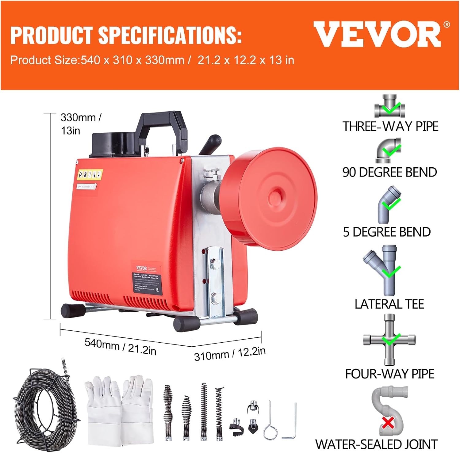 VEVOR 66FT x 5/8 Inch Drain Cleaner Machine, 250W Electric Sewer Snake Auger Manual Feed - with 7 Cutters, 2 Steel Cables (66' x 5/8" and 15' x 3/8")& CW/CCW Control for 1.6" to 4" Pipes