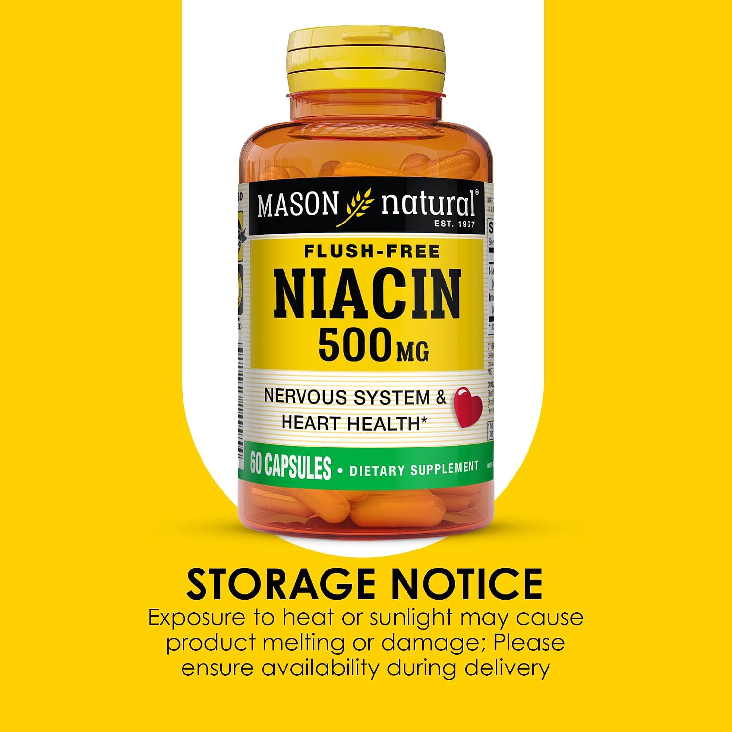 MASON NATURAL Niacin 500 mg Flush-Free, Supports Heart Health, Nervous System & Energy Production, 60 Capsules