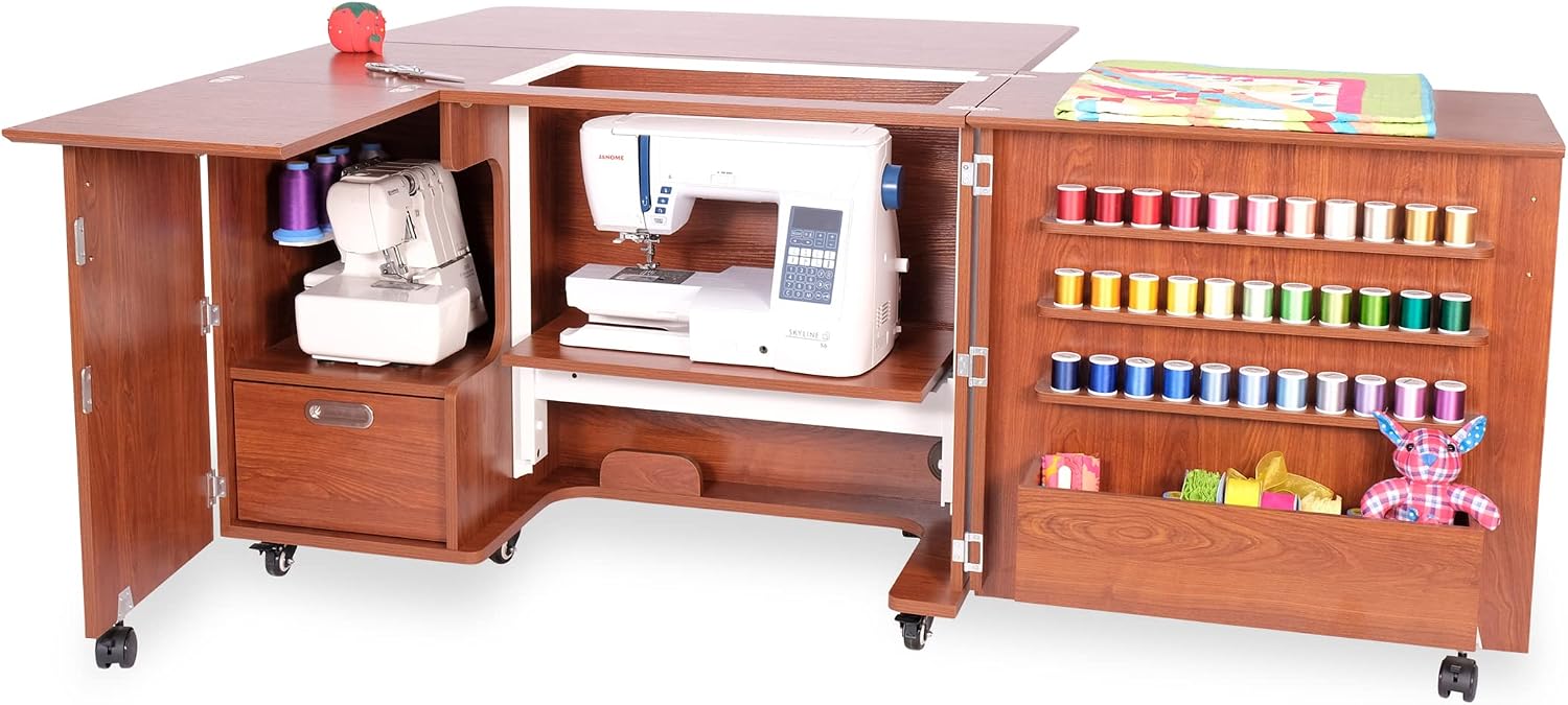 Arrow K8405 Wallaby Kangaroo Sewing, Cutting, Quilting, Crafting Cabinet and Table, Includes Storage and Airlift, Portable with Wheels, Teak Finish
