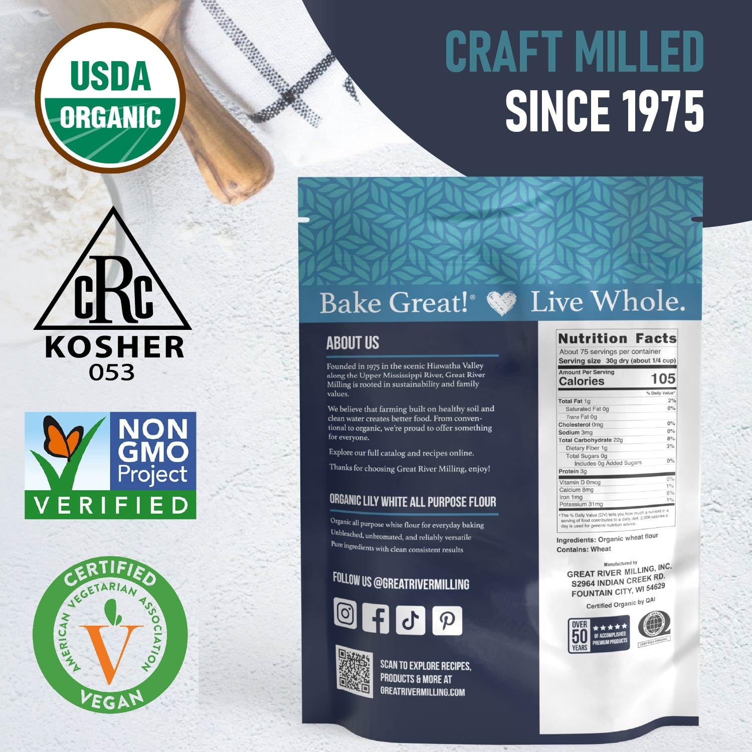Great River Milling Organic Lily White All Purpose Flour, 25 lb | Organic Lily White All-Purpose Flour for cookies, cakes, muffins, biscuits, breads, pizza dough and pie crust; balanced
