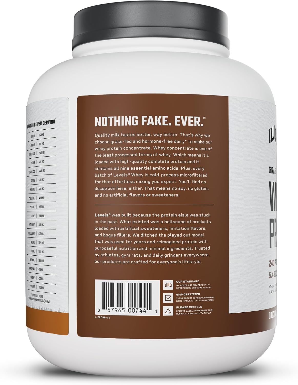 Levels Whey Protein Powder, No Artificial Ingredients, Pure Chocolate, 5LB | 24G of Protein, 5.4G BCAAs, Clean Ingredients, Hormone Free Dairy, No Fillers, No Added Sugar, No Junk