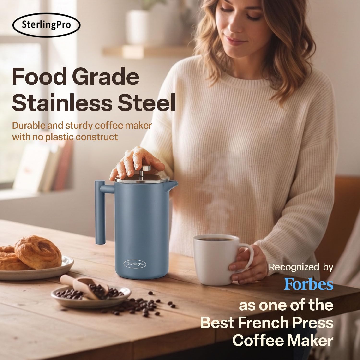 SterlingPro Large Insulated Stainless Steel French Press Coffee Maker 51oz Capacity (44 oz Brew Yield) – Double Wall Metal Coffee Press | Plastic Free | Cool-Touch | Mirror Finish | 12 Cups / 6 Mugs