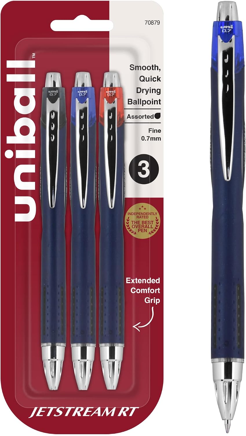 uniball™ Jetstream RT Ballpoint Pens, Black Ink, 0.7mm Fine Point, 3 Count | Retractable, Smooth Writing, Quick-Drying, Smear-Resistant, uni Super Ink™