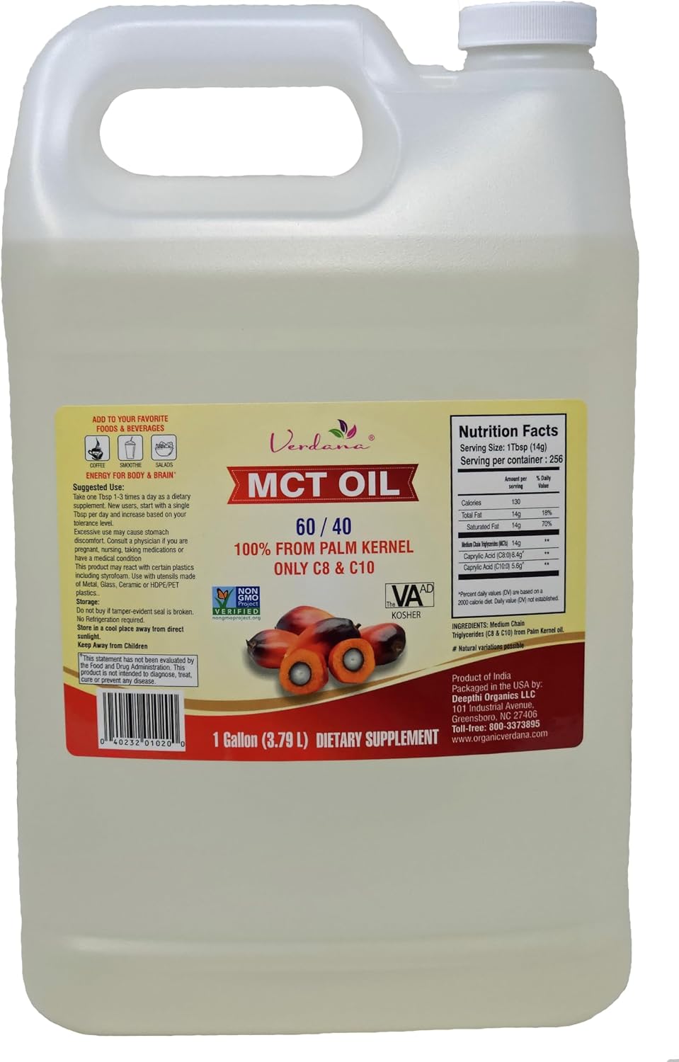 Verdana Food Grade MCT Oil – 1 Gallon (128 Fl Oz) – Premium C8/C10 Triglycerides – Keto & Paleo Friendly – Non-GMO