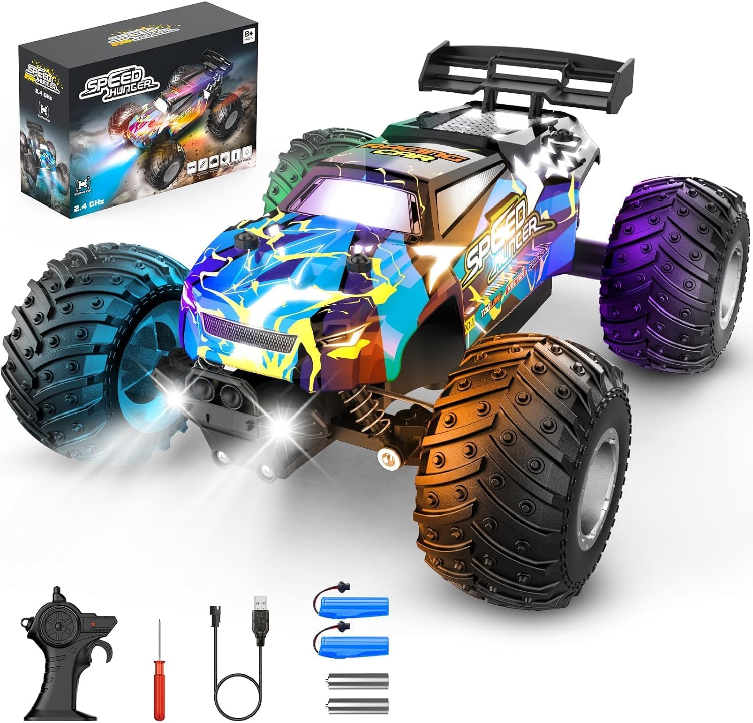 Rcjoyou Remote Control Car, 2WD Off-Road Rc Truck, 20 KM/H All-Terrain RC Cars with Headlights & Body Lights, 2.4GHz, 2 Batteries