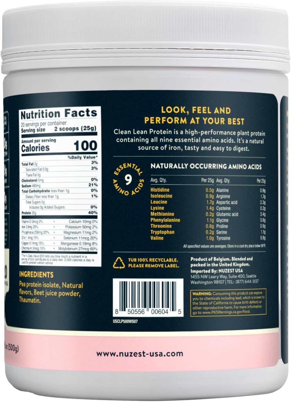 Nuzest Clean Lean Protein - Vegan Pea Protein Powder Rich Chocolate 1.1 lb | 20 Servings with 18g Protein Plant Based Protein Powder, Only 4 Ingredients, Dairy Free, Gluten Free, GMO Free, Protein Shake