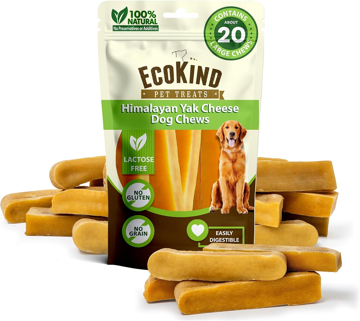 EcoKind Yak Cheese Himalayan Dog Chews, Yak Chews for Large Dogs, 4-5 Bones | 1 Lb, Long Lasting for Aggressive Chewers, Only 3 Ingredient Natural High Protein Dental Dog Treats, No Additives or Lactose