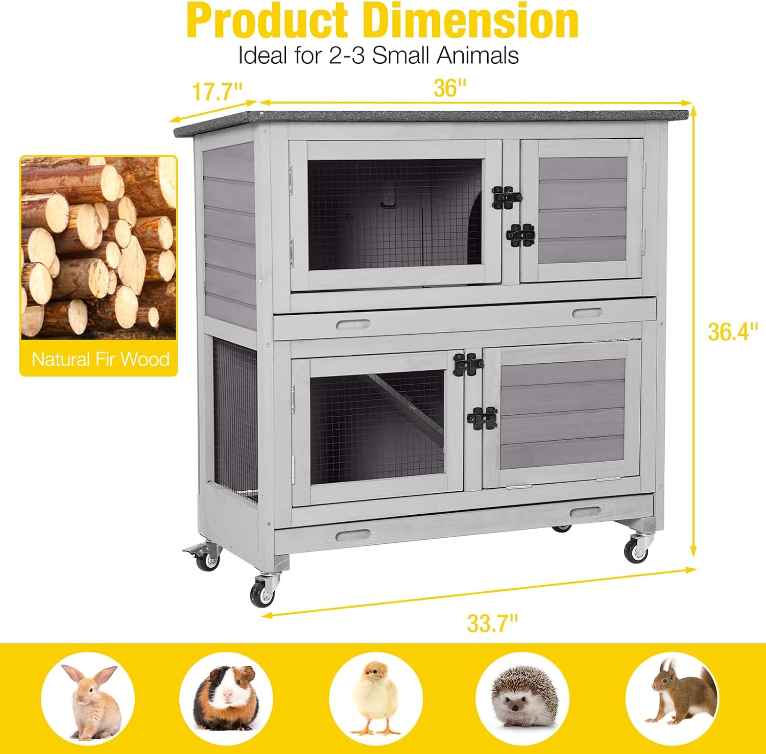 Aivituvin Rabbit Hutch, Indoor Bunny Cage with Run Outdoor Rabbit House with Two Deeper No Leak Trays - 4 Casters Include (Grey)