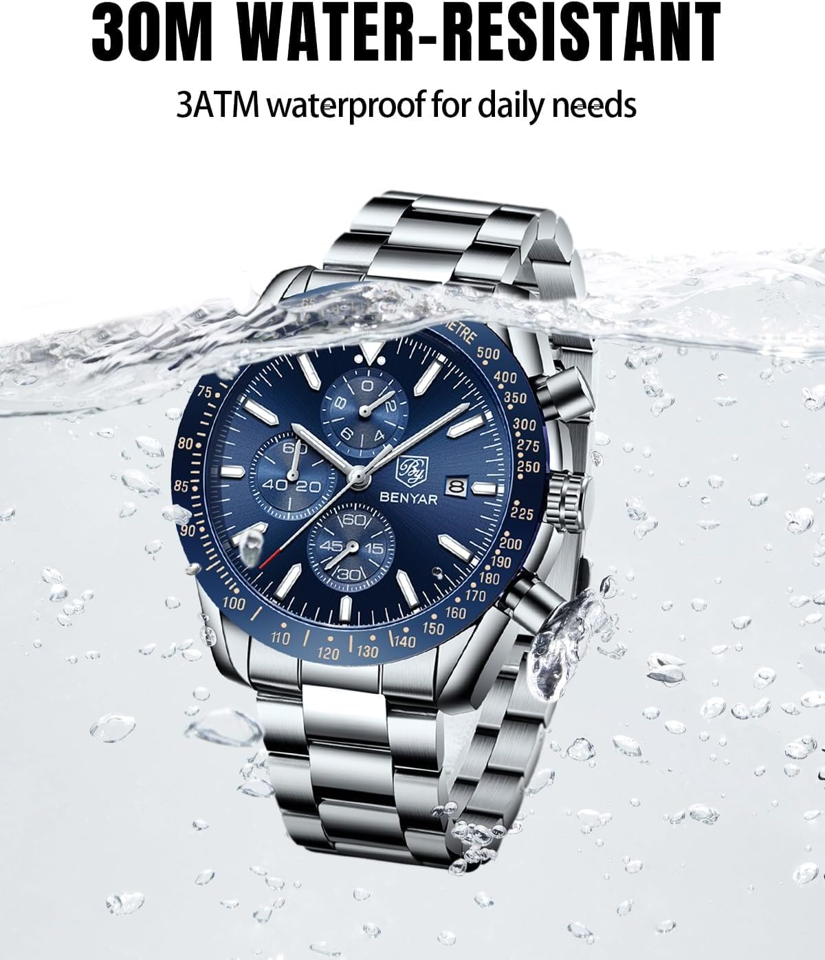 BENYAR Watch for Men Analog Quartz Chronograph Waterproof Luminous Designer Mens Wrist Watches Business Work Sport Casual Dress Watch with Silicone Strap Elegant Gifts for Men