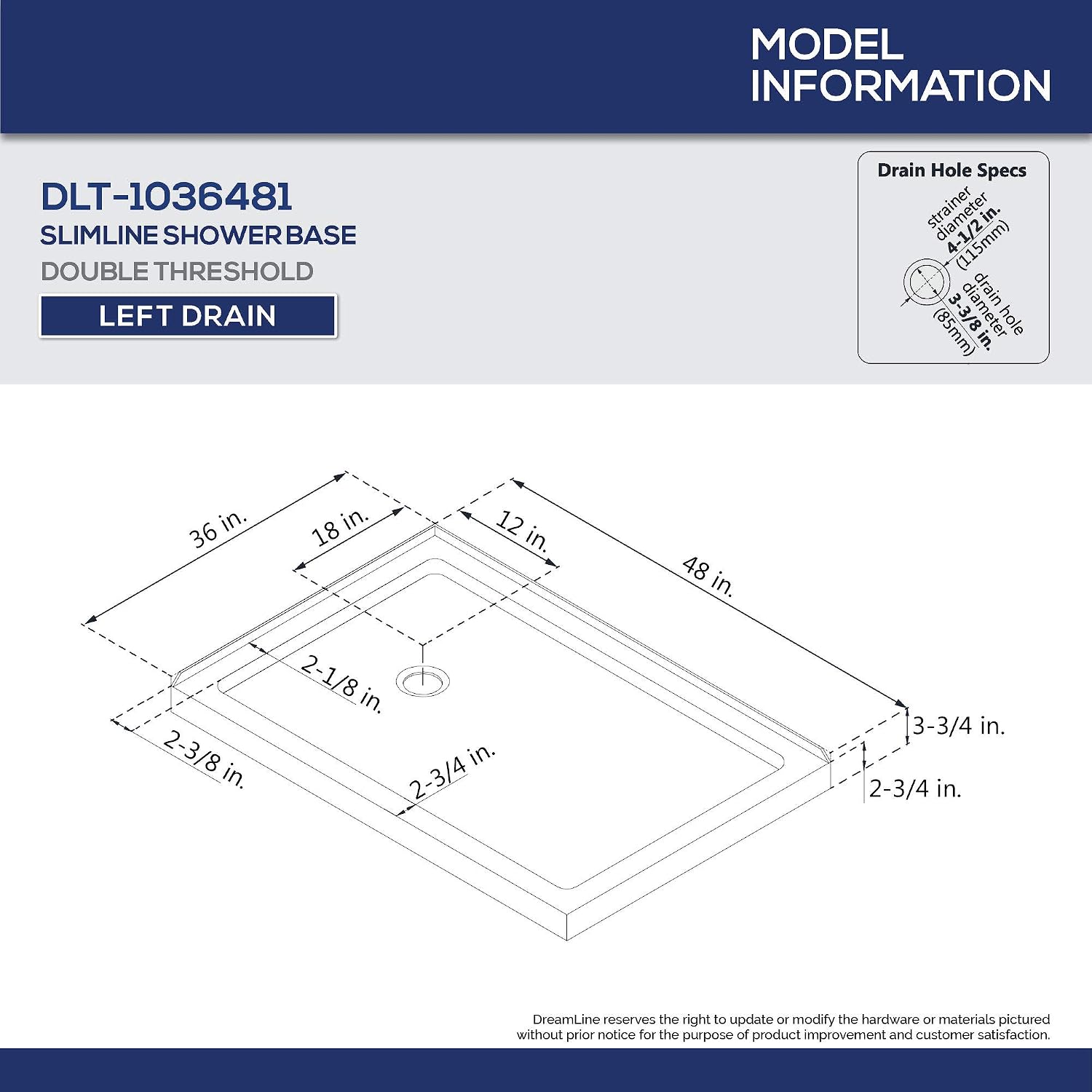 DreamLine SlimLine 34 in. D x 48 in. W x 2 3/4 in. H Right Drain Double Threshold Shower Base in White, DLT-1034482