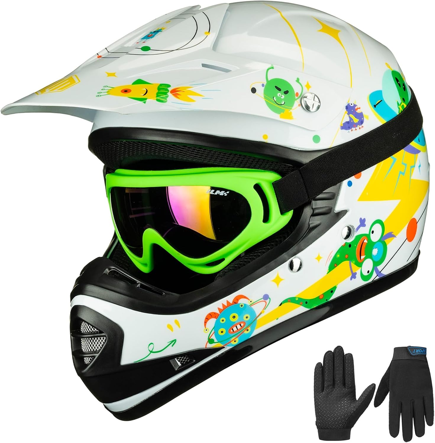 ILM Youth Kids ATV Motocross Helmet Goggles Sports Gloves Dirt Bike Motorcycle Off Road DOT Approved B07 (Youth-L, Matte Black)