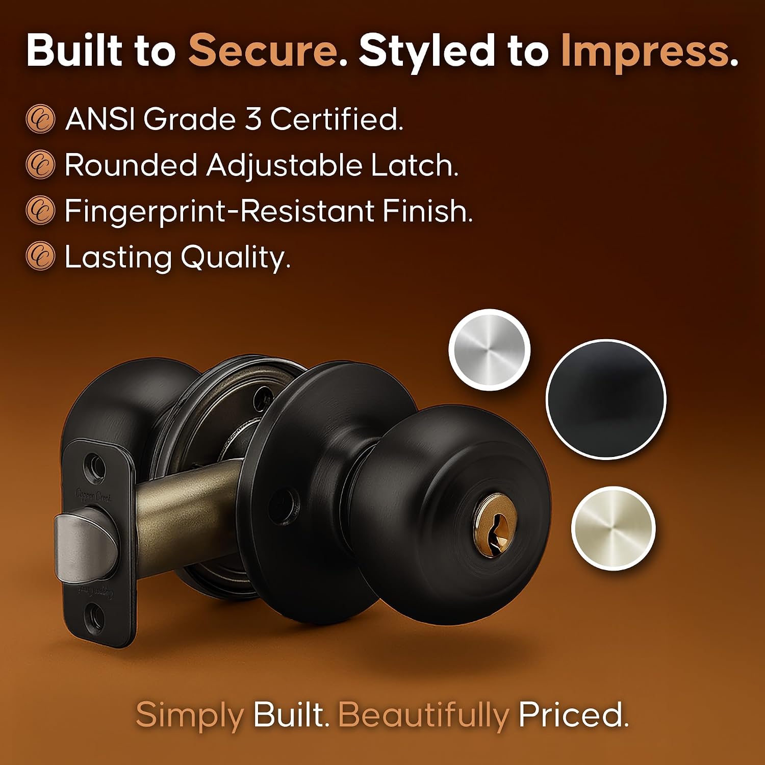 Copper Creek Colonial Privacy Interior Door Knob – ANSI Grade-3 Certified, Modern Heavy Duty Handle, Easy Install and Reversible for Bedroom, Bathroom and Closets – Satin Stainless (1 Pack)