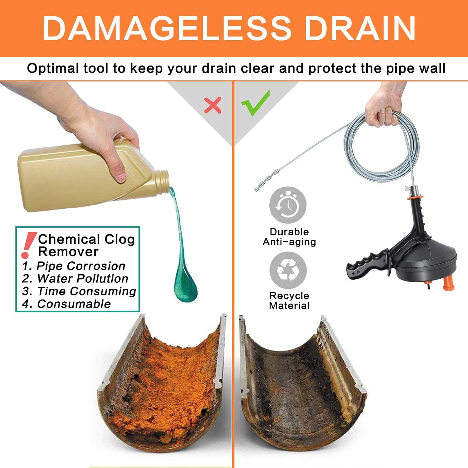 BACOENG 25Ft Drain Auger, Heavy Duty Plumbing Snake with Drill Adapter, Use Manually or Powered for Drain Clog, Shower Sink, Comes with Gloves and Bag (Orange)