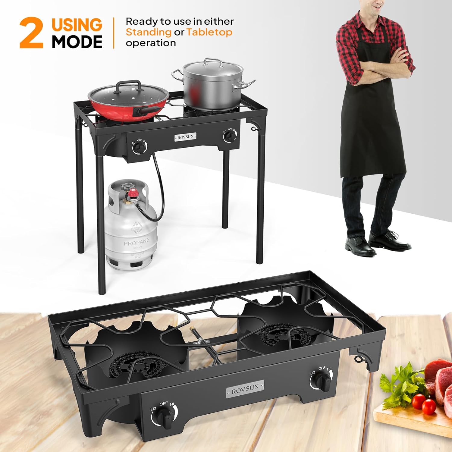 ROVSUN 2 Burner Outdoor Propane Gas Stove with Adjustable Regulator, 150,000 BTU High Pressure Stand Cooker for Backyard Cooking Camping Home Brewing Canning Turkey Frying