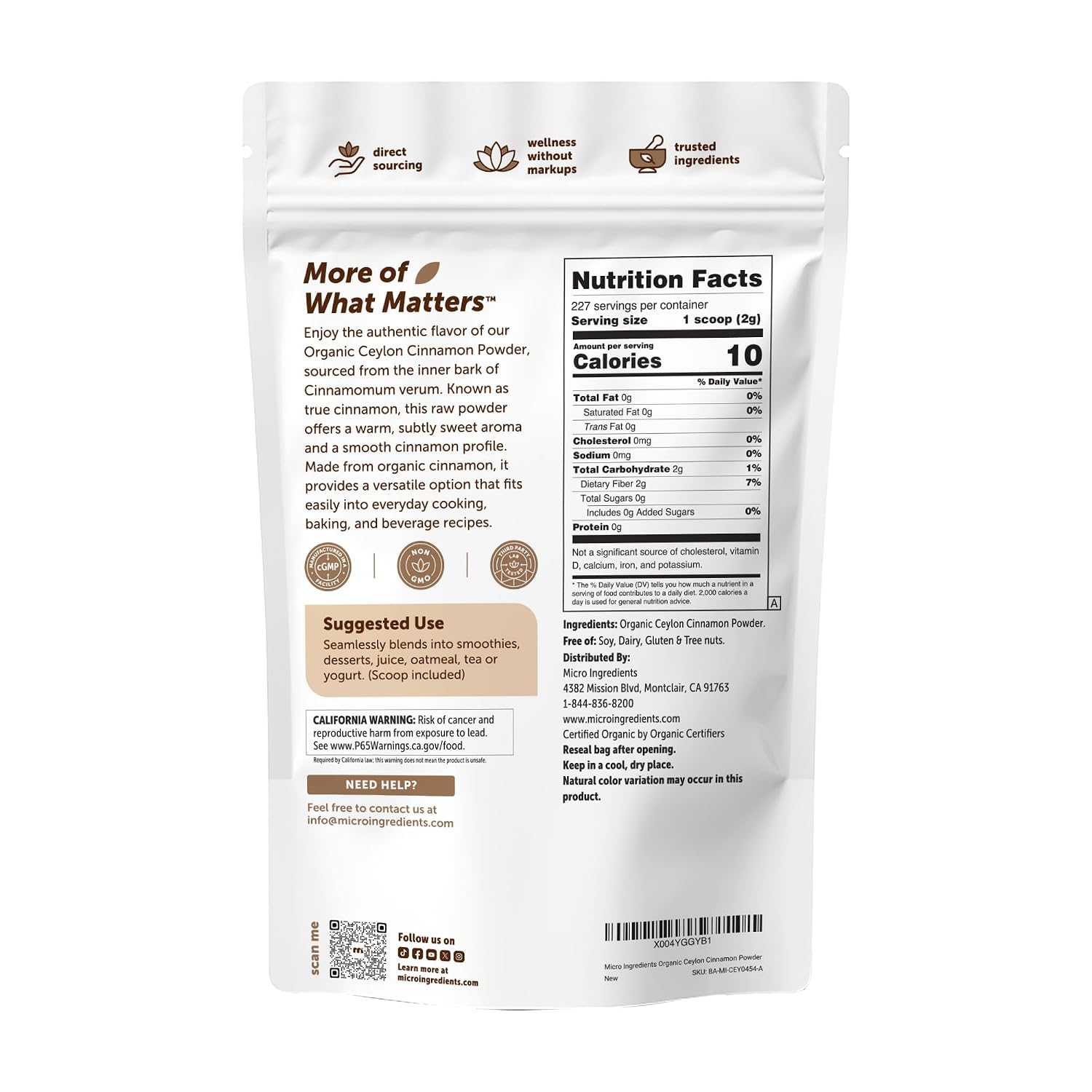 Micro Ingredients Organic Ceylon Cinnamon Powder, 2 lb Sri Lanka Source | True Cinnamon for Spice & Seasoning | Great for Baking, Cooking, & Drinks | Additive Free, Non-GMO