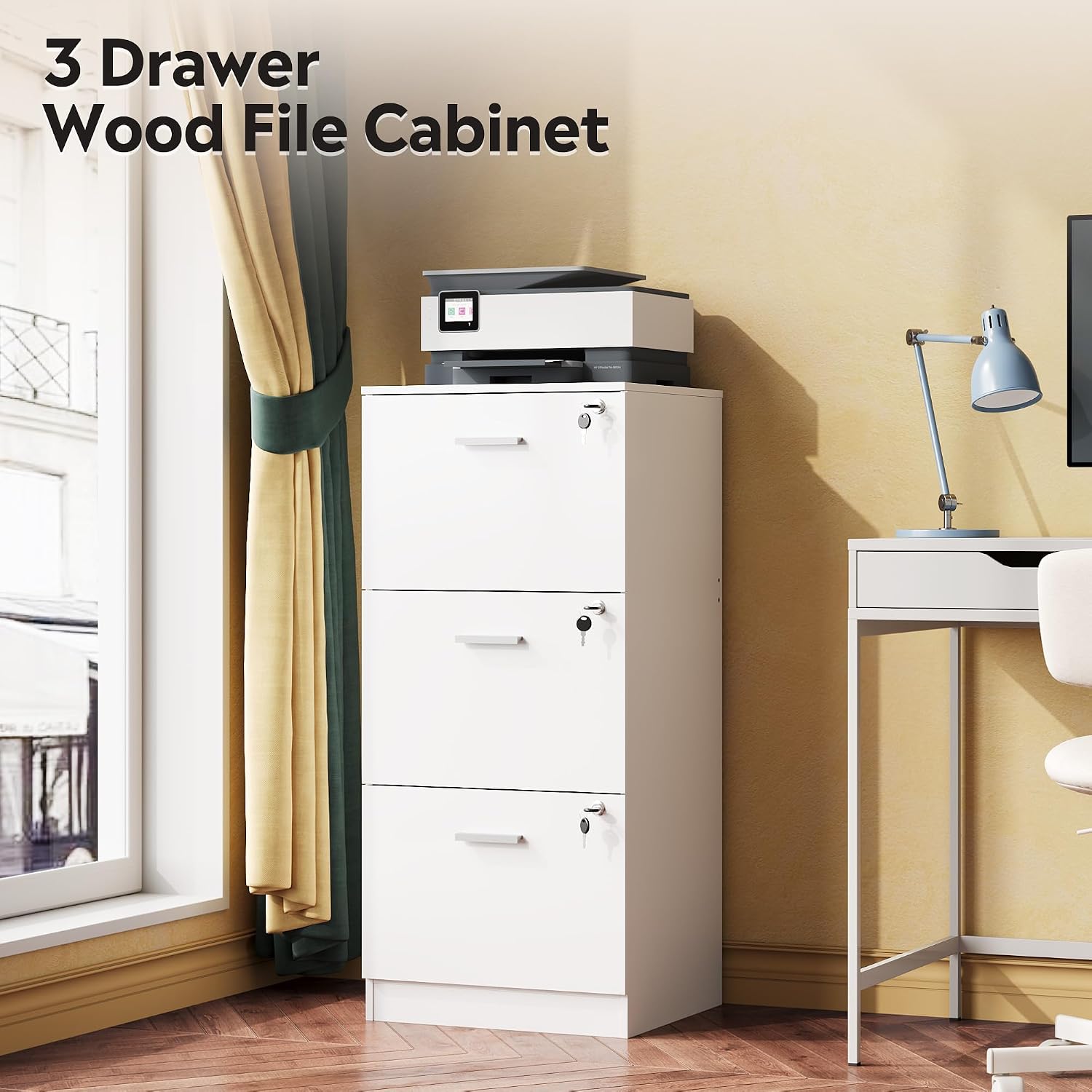 DEVAISE 3 Drawer Wood File Cabinet with Lock, Fits Letter and A4 Size | Wooden Tall Vertical Filing Cabinet, Home Office Printer Stand, Easy Assembly, White