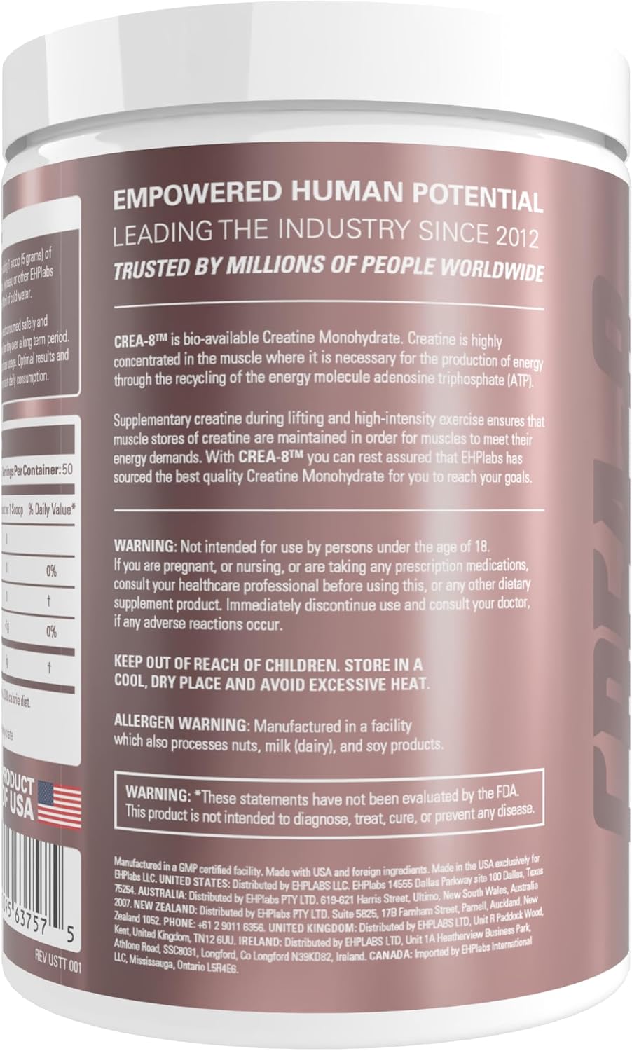 EHP Labs CREA-8 Creatine Monohydrate Powder, Unflavored, 100 Servings | Micronized Creatine For Muscle Growth, Strength & Energy. Mixes Easily, No Clumping. Pre Or Post Workout. 500g