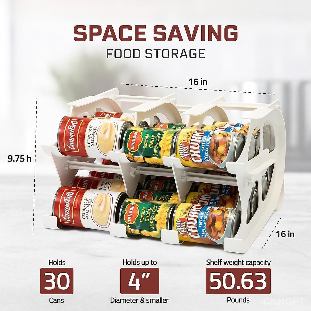 FIFO Countertop Mini Can Tracker Holds 30 Standard 10-24 Oz Can Sizes, White| Stackable & Adjustable Can Organizer for Pantry, USA Made, White