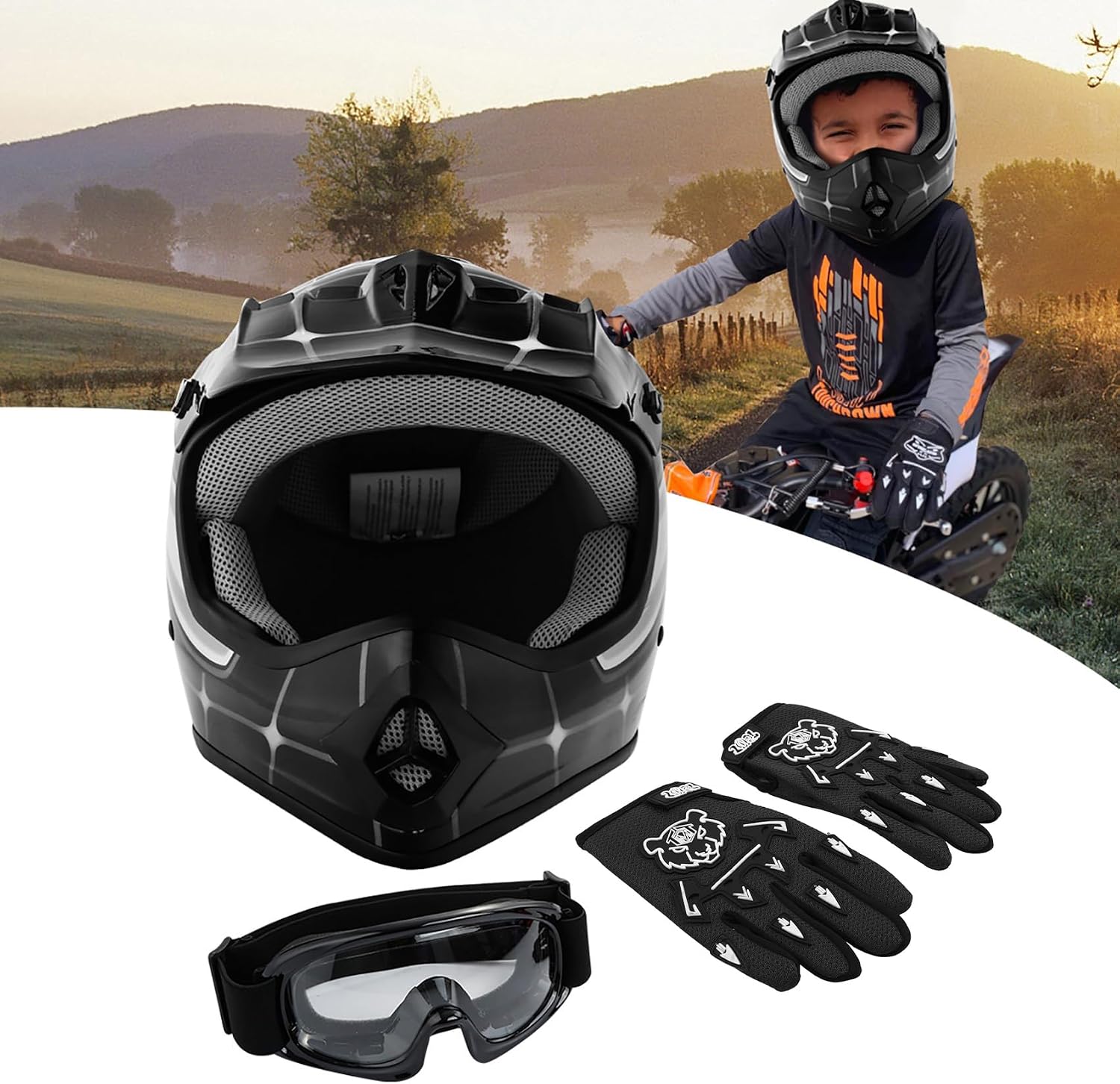 SLMOTO ATV Helmets for Kids Youth DOT Motocross Offroad Street Helmet Motorcycle Blue Helmet Dirt Bike Motocross Helmet+Goggles+Gloves
