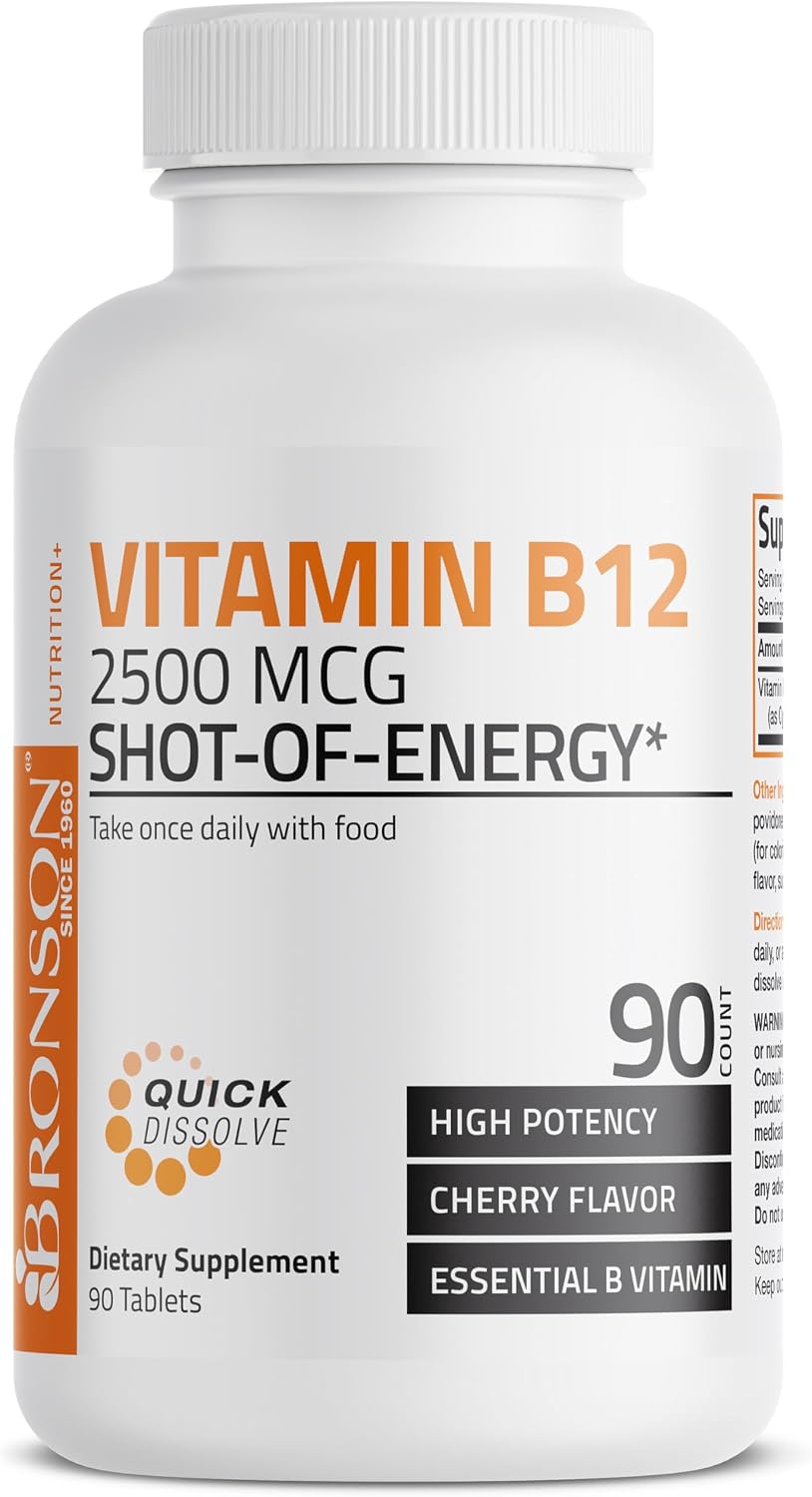 Vitamin B12 2500mcg Shot of Energy Fast Dissolve Chewable Tablets - Quick Release Cherry Flavored Sublingual B12 Vitamin - Supports Nervous System, Healthy Brain Function Energy Production – 90 Count