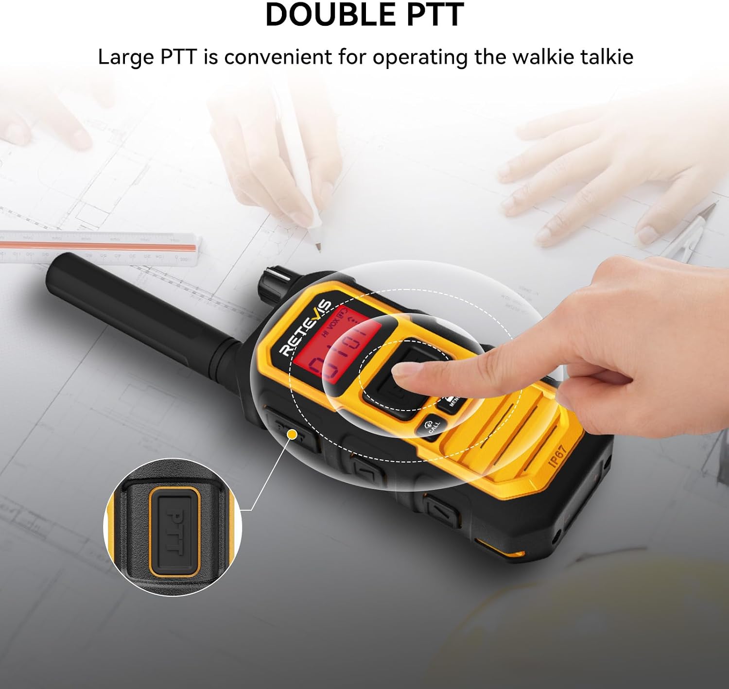 Retevis RB48PLUS GMRS Walkie Talkies Long Range,IP67 Waterproof 2 Way Radio | Repeater Capable, Dual PTT, Vibration Alert, NOAA, SOS, for Hurricane Preparedness, Emergency Communication, Outdoor, 2 Pack