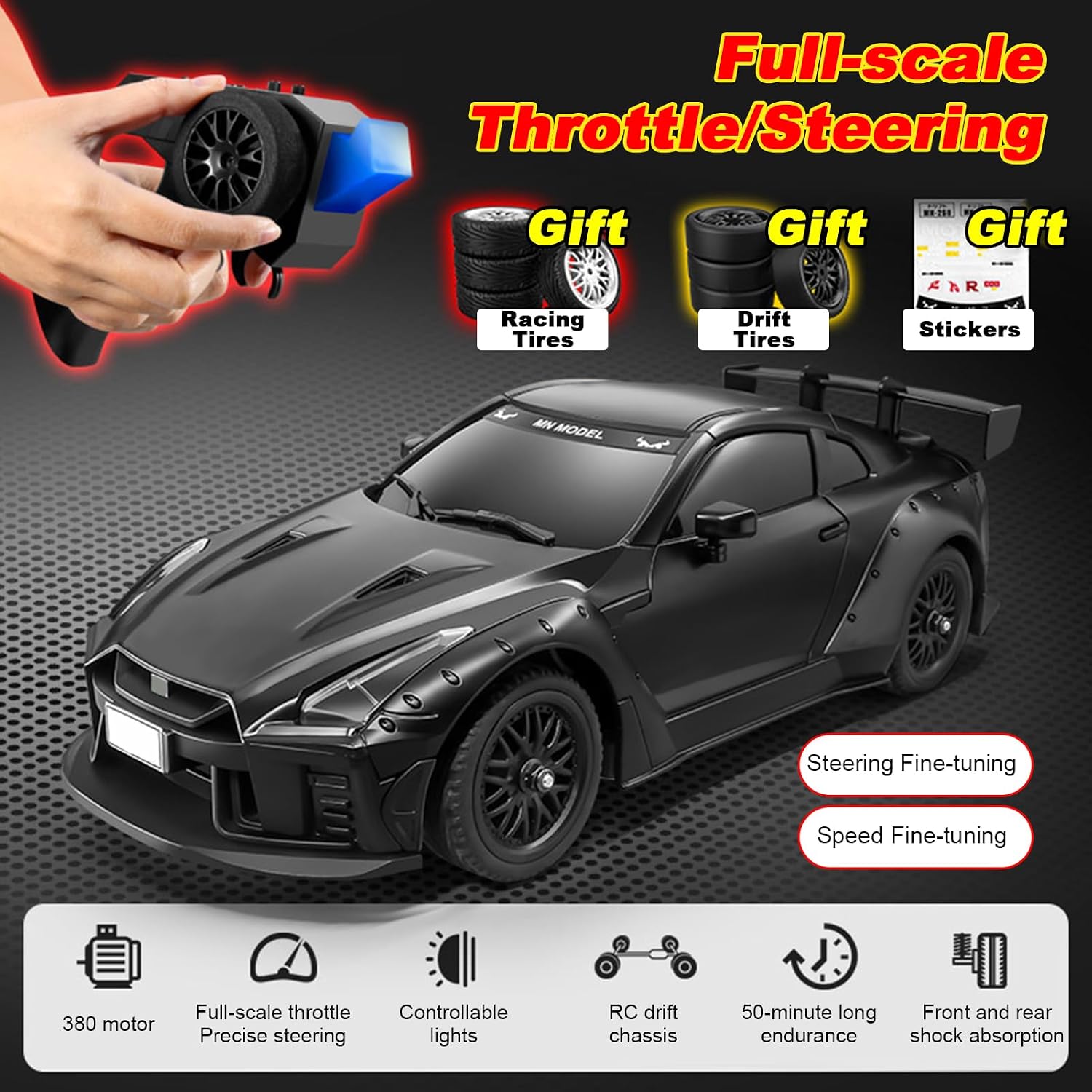 RC Drift Car, 1:16 Scales MN268 GTR Remote Control Drift Car with Gyro, LED Lights, Drifting Tires