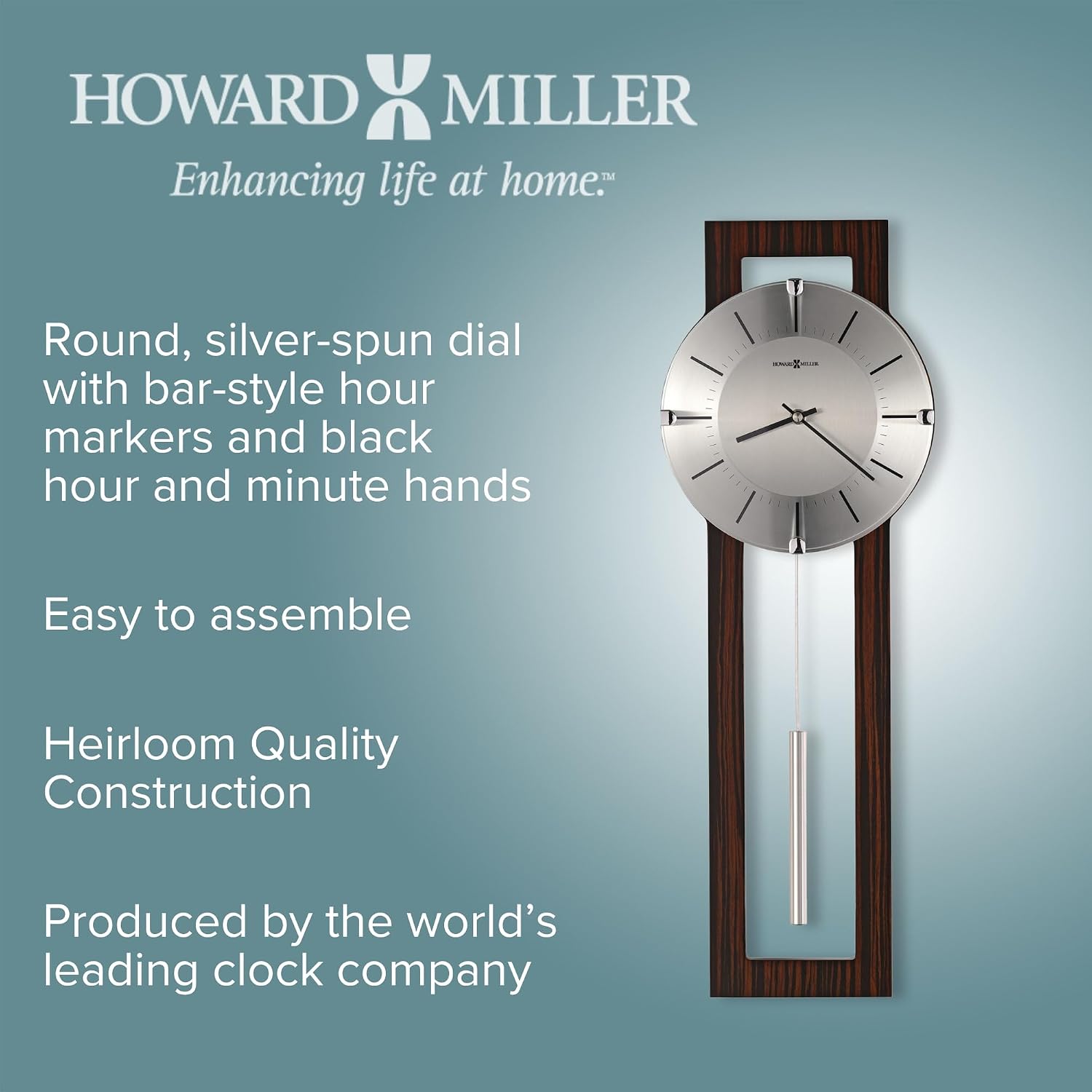 Howard Miller Mela Wall Clock with Pendulum | Wooden Frame, Silver Dial, Analog Quartz | Modern Minimalist Decor for Living Room, Office
