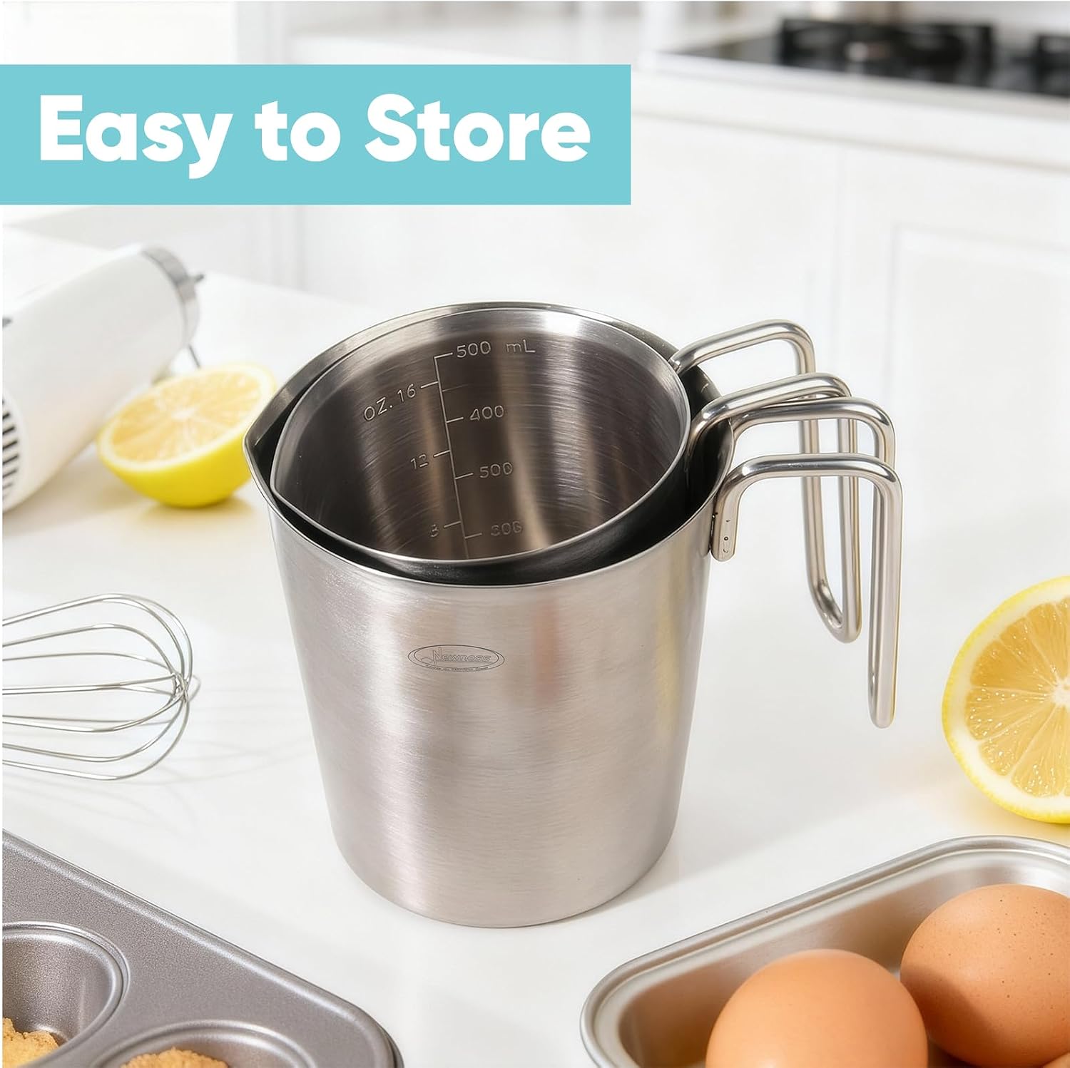 Newness Stainless Steel Measuring Cup, Metal Measuring Cup with Handle (Upgraded, 3 Marking Including Cup/ML/Ounce Scale), 16 Ounces (0.5 Liter, 2 Cup)