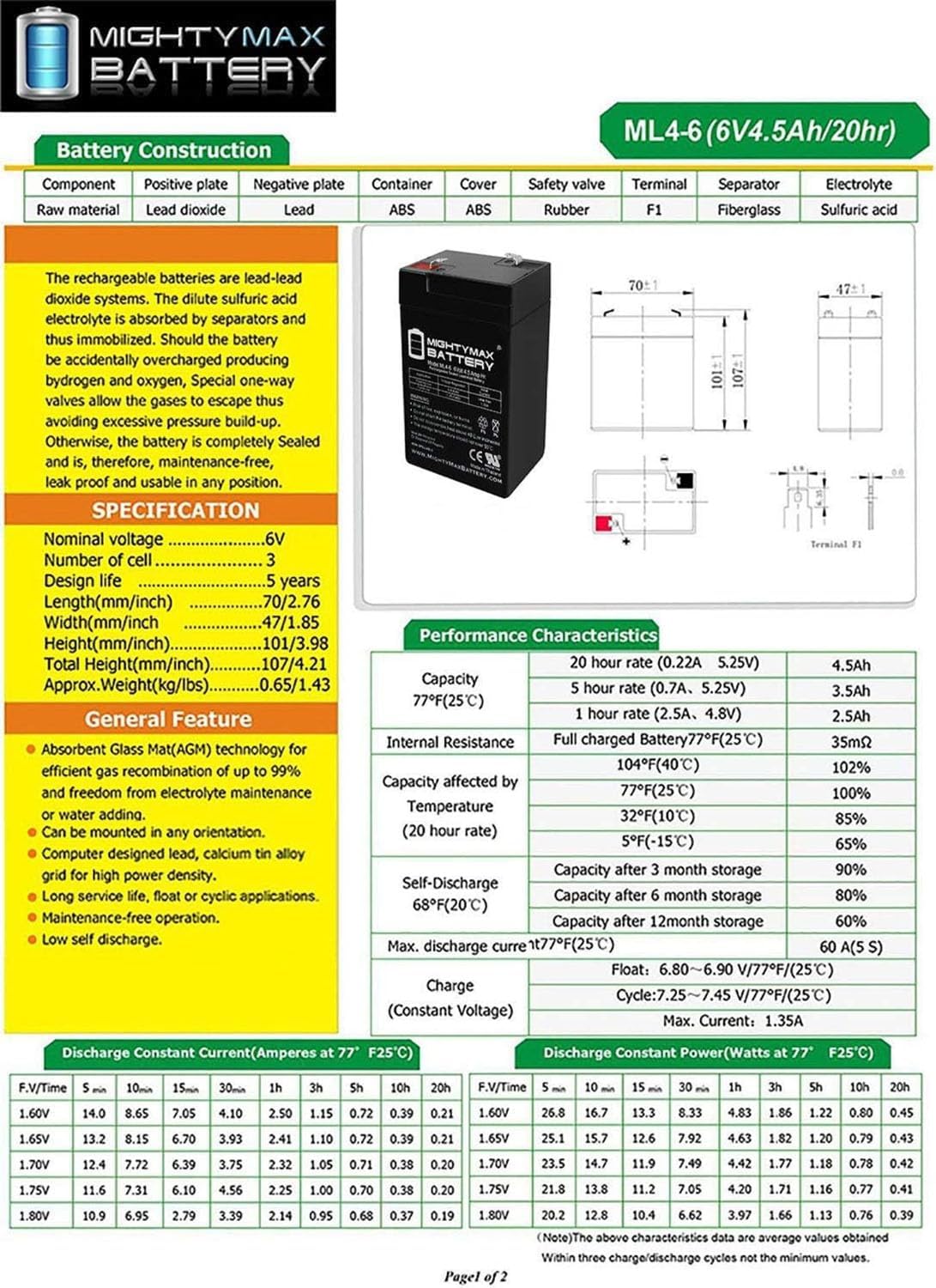 Mighty Max Battery ML4-6 - 6 Volt 4.5 AH, F1 Terminal, Rechargeable SLA AGM Battery