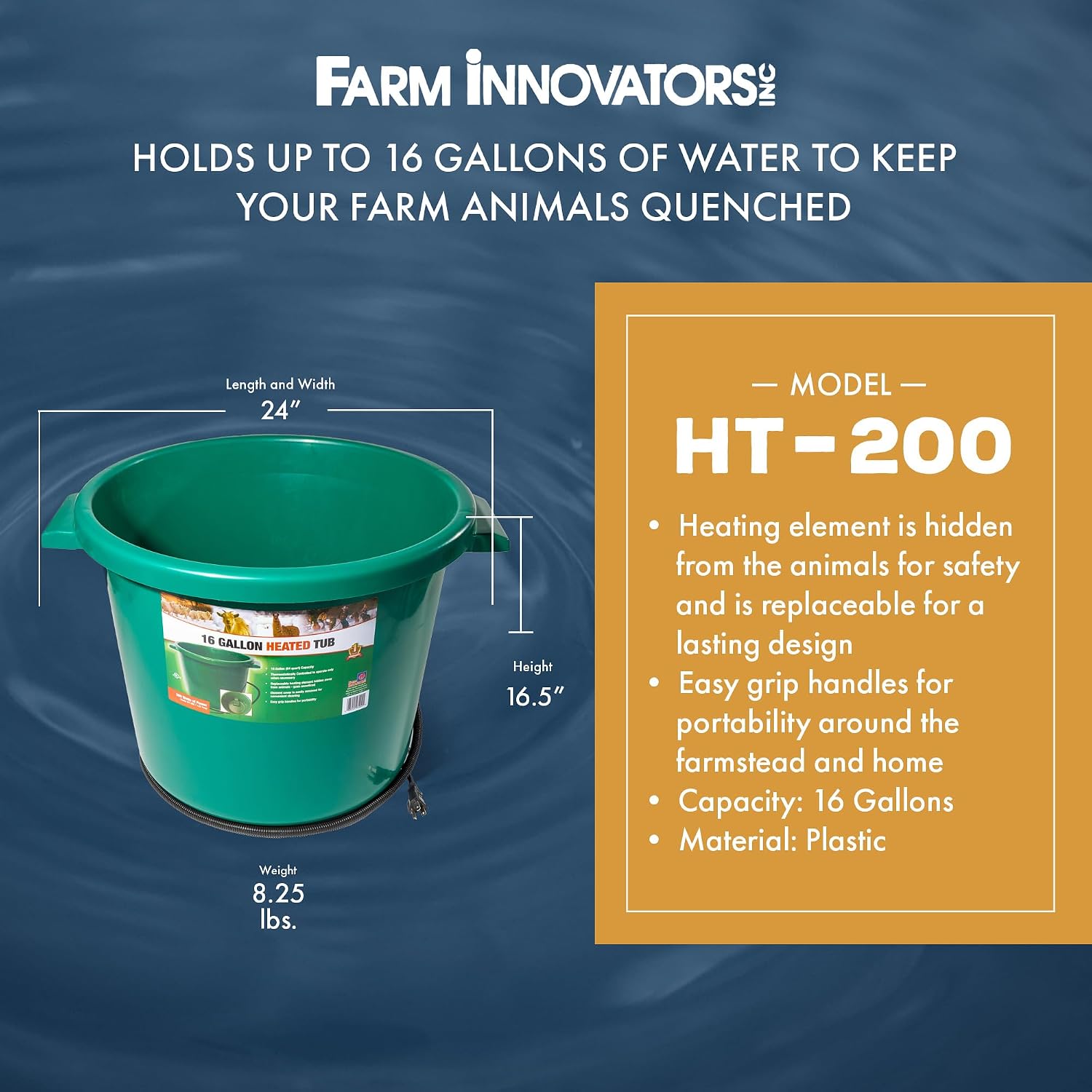 Farm Innovators Heated Water Bucket, 200W Heating Power - 16 Gallon Plastic Bucket with Replaceable Heating Element for Livestock Watering & Feeding | Thermostatically controlled to operate only when necessary, large 16-gallon capacity, anti-chew cord
