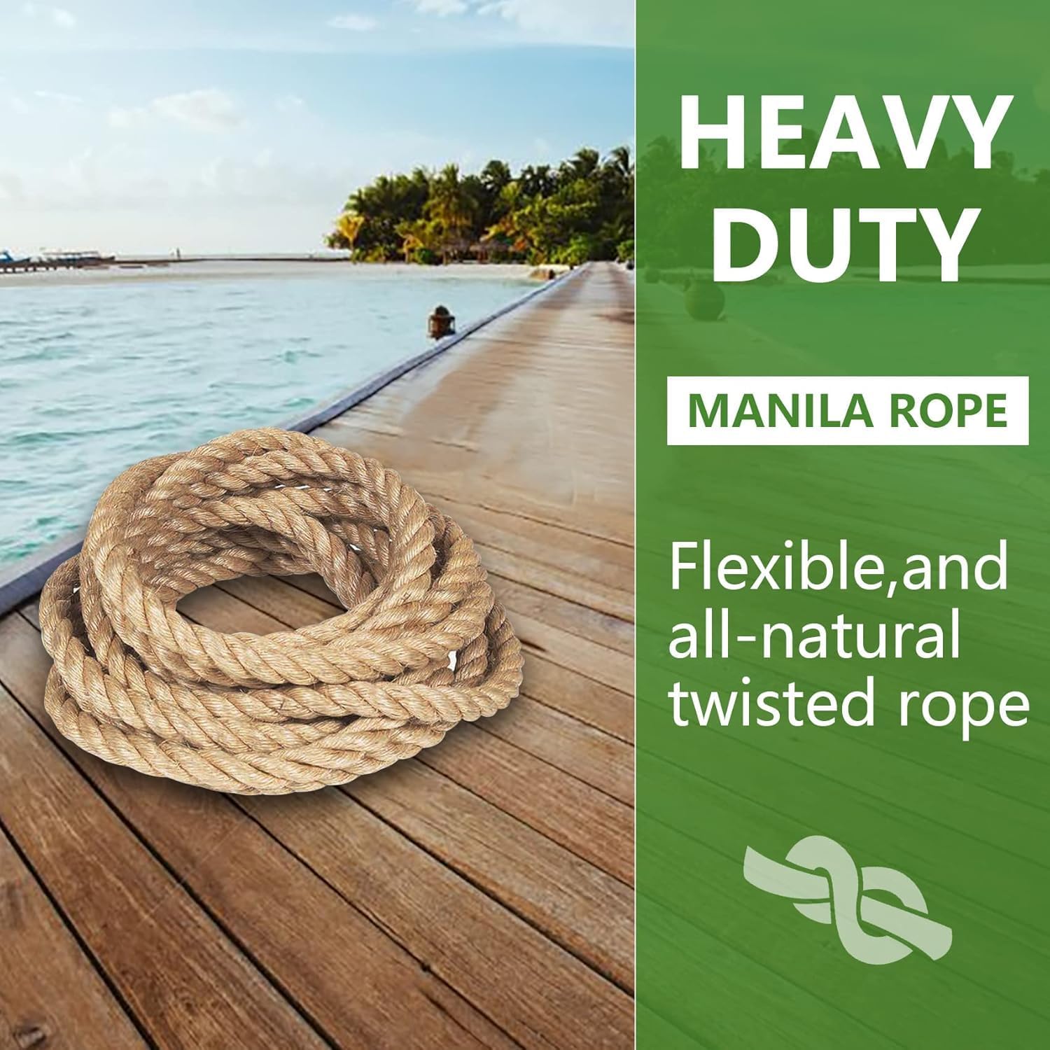 Jute Rope 1 in x 100 ft Thick Twisted Manila Ropes Natural Hemp Rope for Swing Bed, Railing, Crafts, Docks, Tug of War, Decorating, Nautical, Landscaping, Hammock