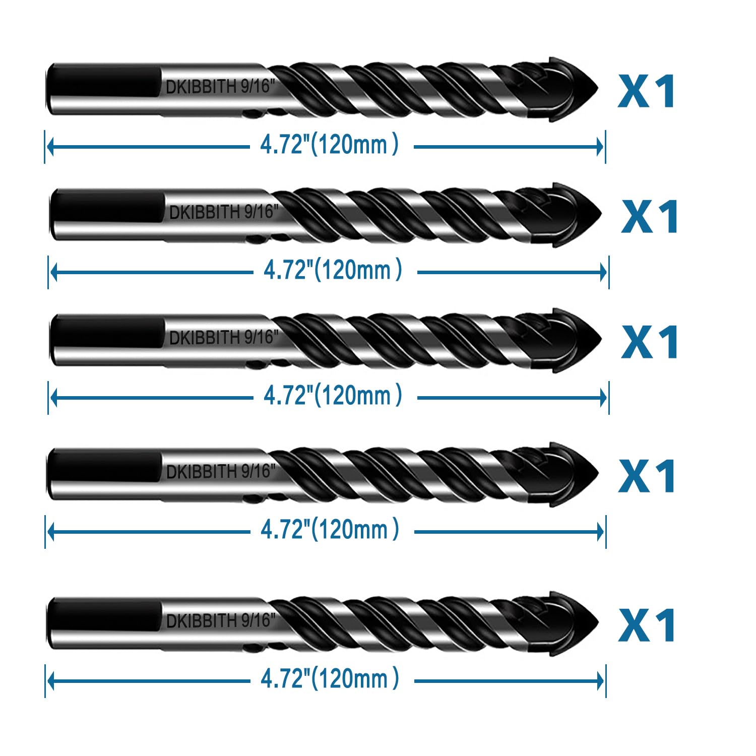 10-Piece Masonry Drill Bit Set for Concrete Tile Glass Ceramic Brick, 1/8 to 1/2 Inch Drilling Bits with Triangle Handle